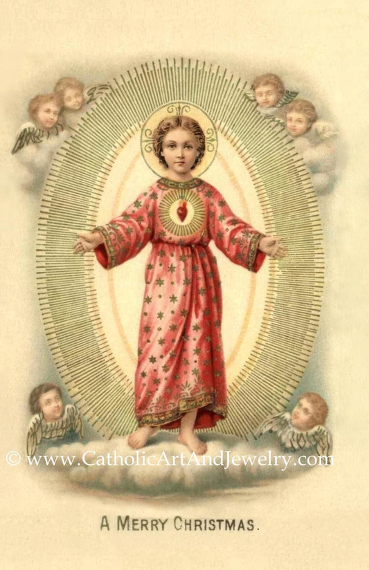 A religious illustration depicting a young child in a red robe with a halo, surrounded by angels, with the text "A Merry Christmas" at the bottom.