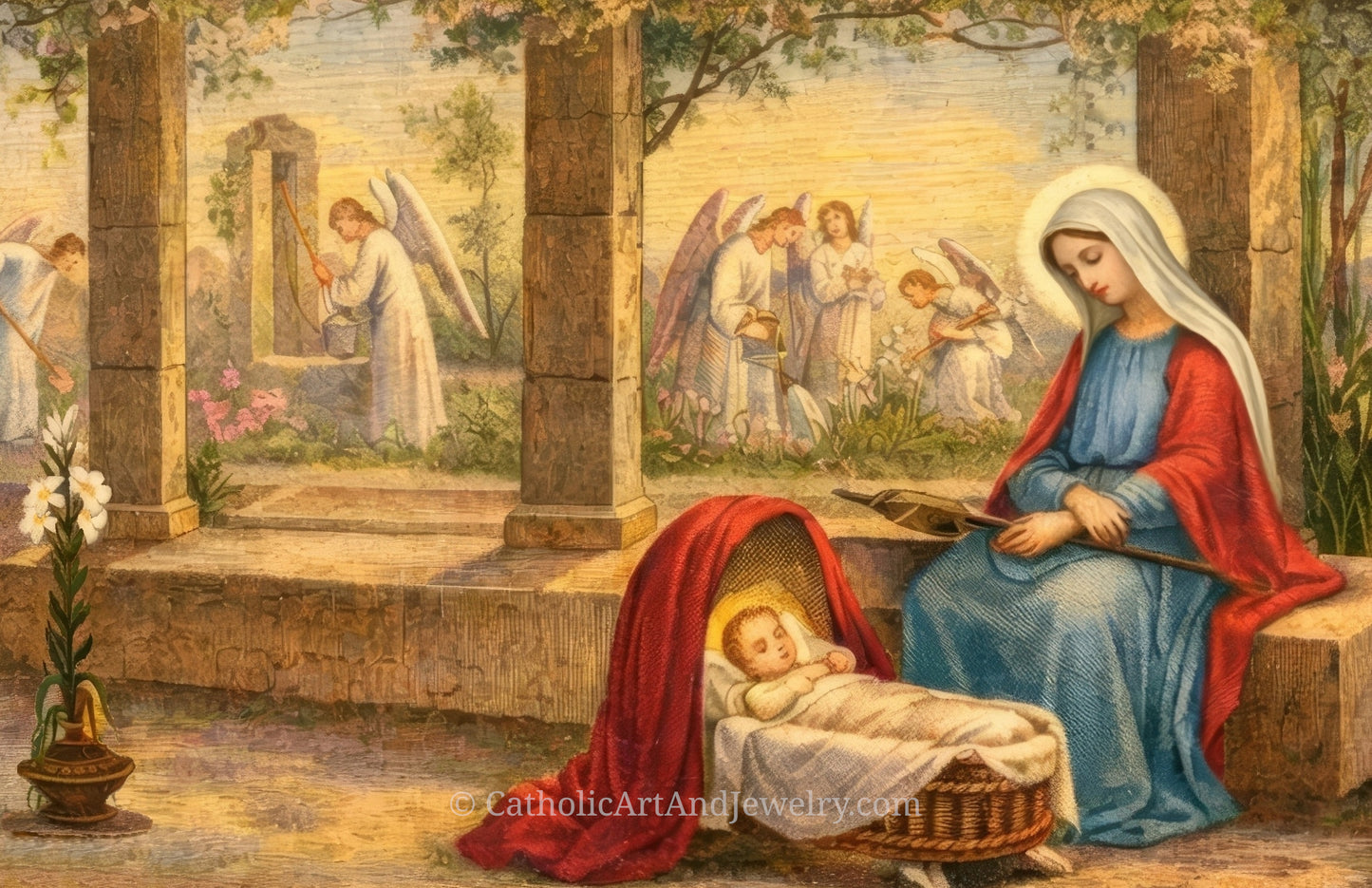 a scene from the nativity, featuring the Virgin Mary and baby Jesus in a garden setting. The Virgin Mary is seated on a bench, holding a baby in her arms, while several angels are visible in the background.