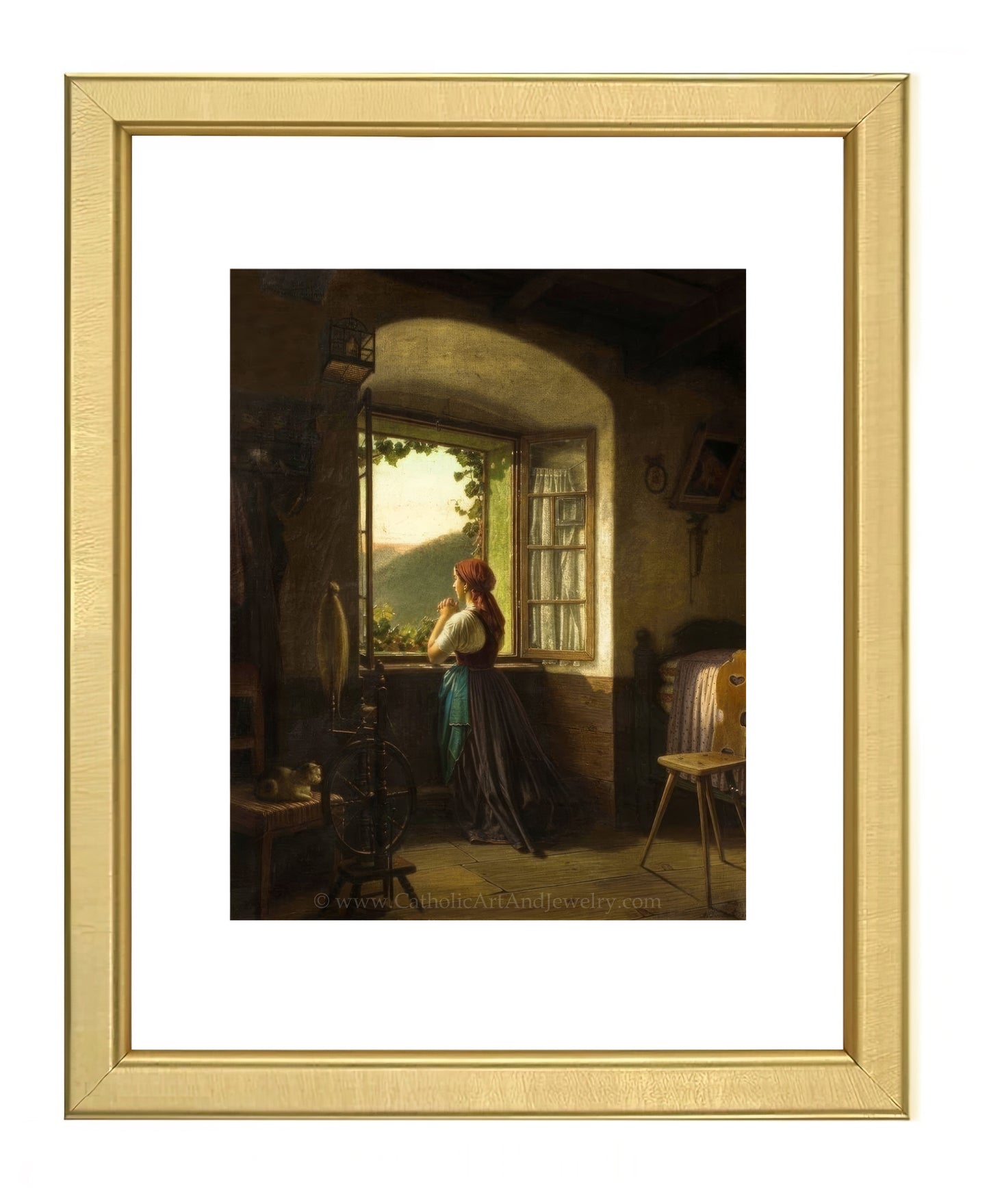 a painting of a woman looking out a window