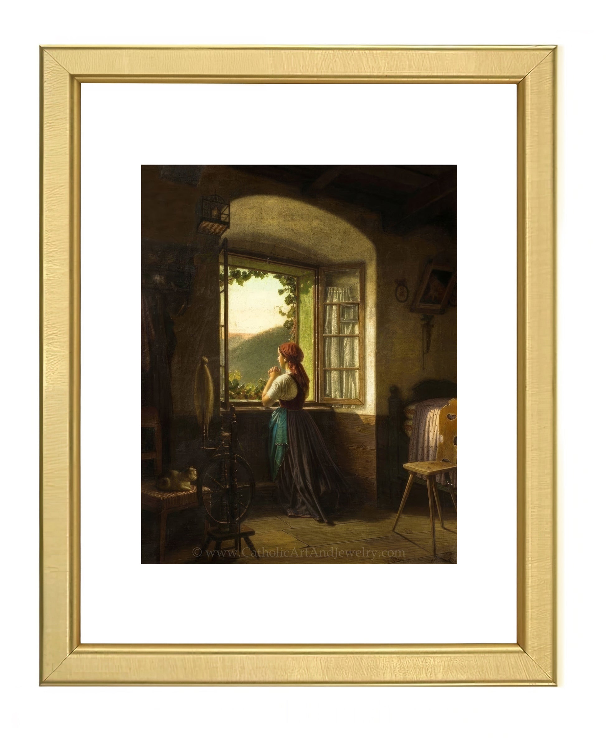 a painting of a woman looking out a window