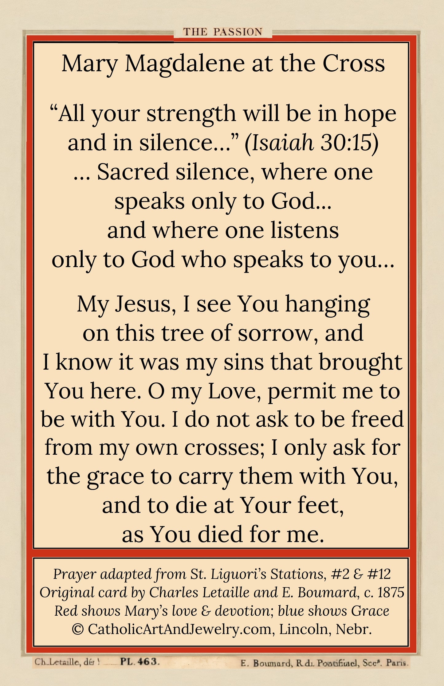 The image is a printed page with text, featuring a religious quote from the Bible, specifically from Isaiah 30:15. The text is in English and is adapted from St. Liguori's Stations, #2 & #12.