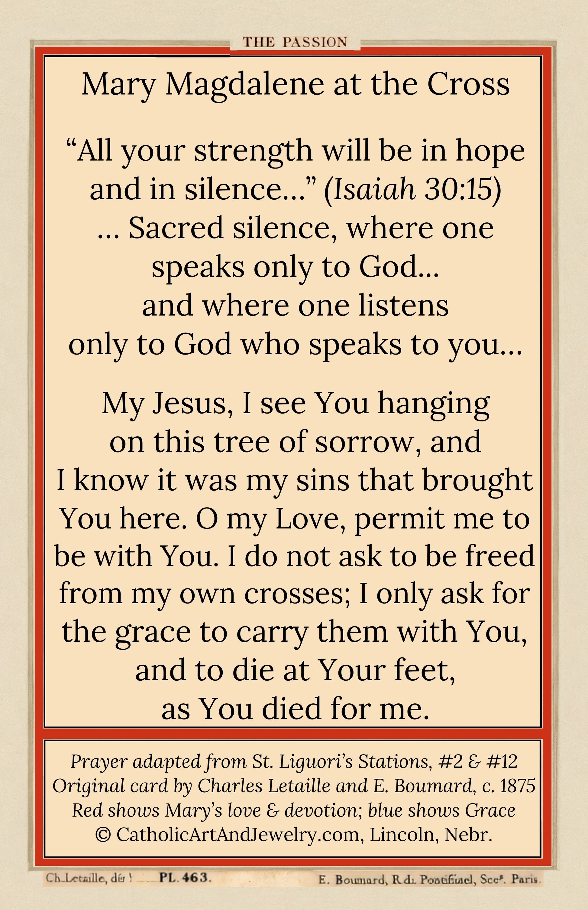 The image is a printed page with text, featuring a religious quote from the Bible, specifically from Isaiah 30:15. The text is in English and is adapted from St. Liguori's Stations, #2 & #12.