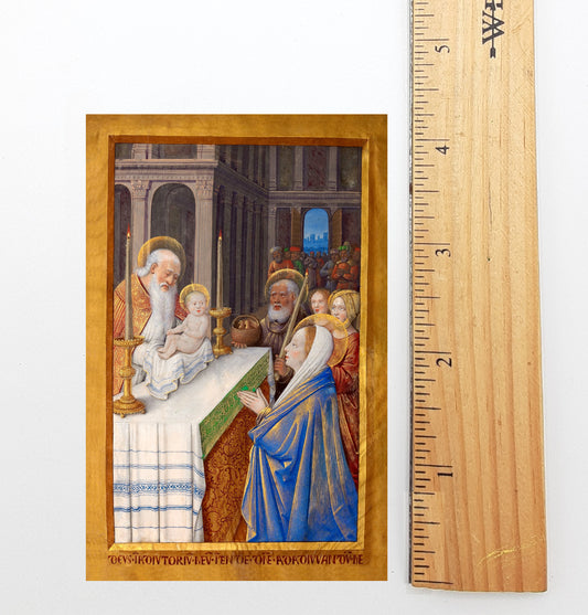 The image is a framed painting depicting a religious scene with a baby, a man, and a woman, all dressed in robes and surrounded by other figures.
