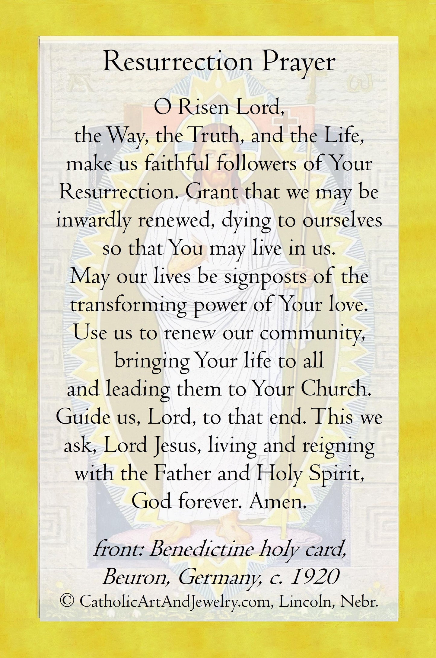 New! Resurrected Jesus – Resurrection Prayer – pack of 10/100/1000 – Easter Holy Card