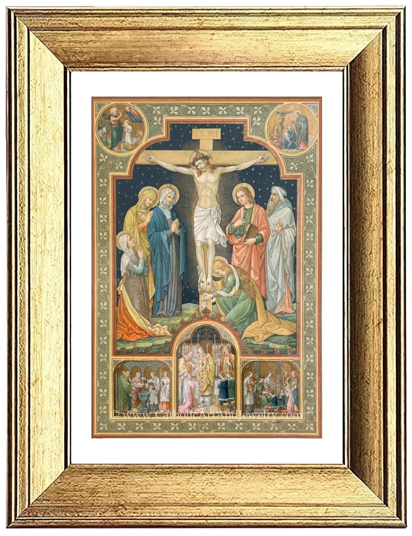 a painting of jesus on the cross with other people