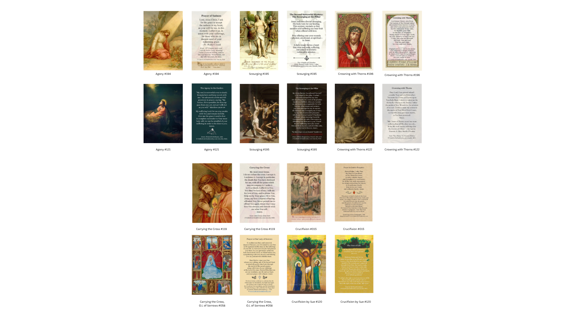 a collection of religious images and texts, including paintings, statues, and religious sayings, arranged in a grid format.