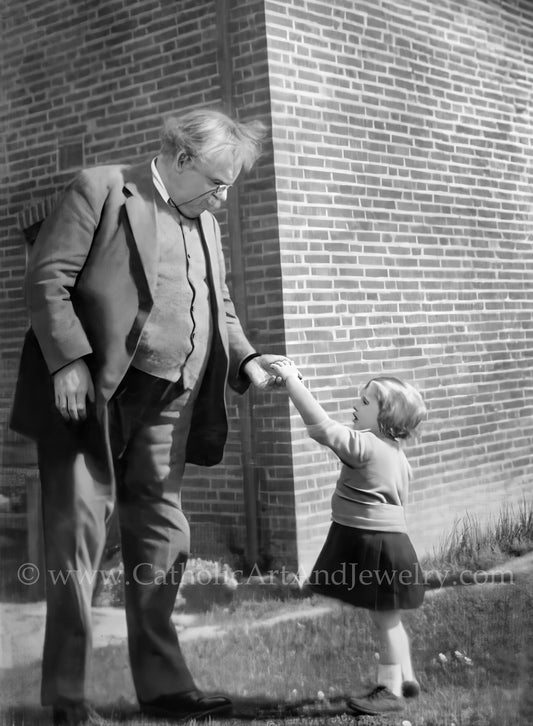 New! G. K. Chesterton with Child – Exclusive Photo Restoration – Catholic Art – Catholic Gift