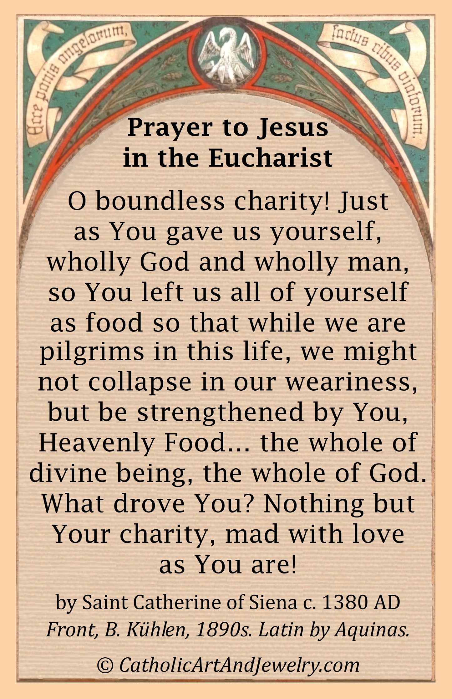The image is a prayer card with a religious message about charity and the eucharist.