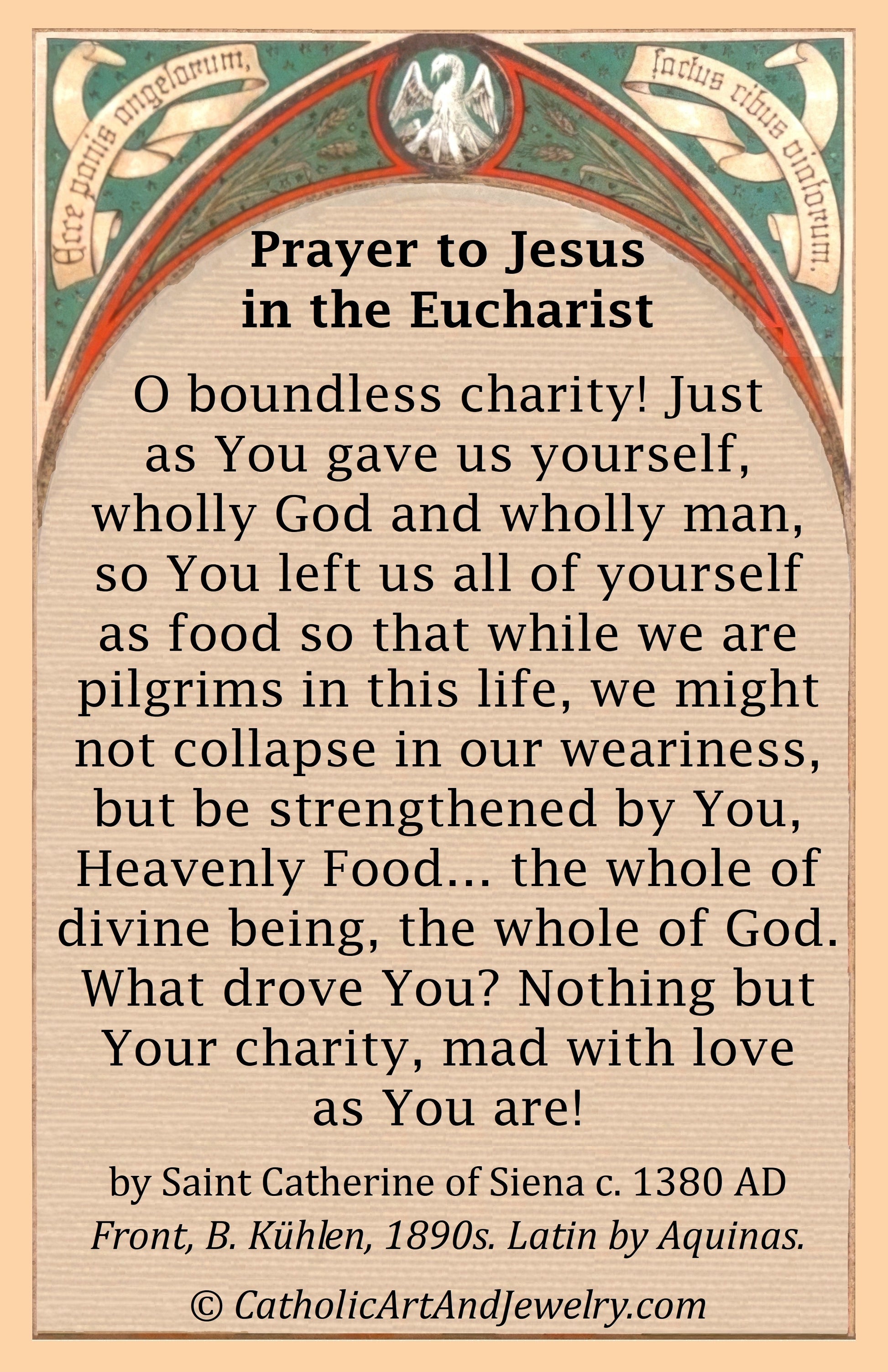 The image is a prayer card with a religious message about charity and the eucharist.
