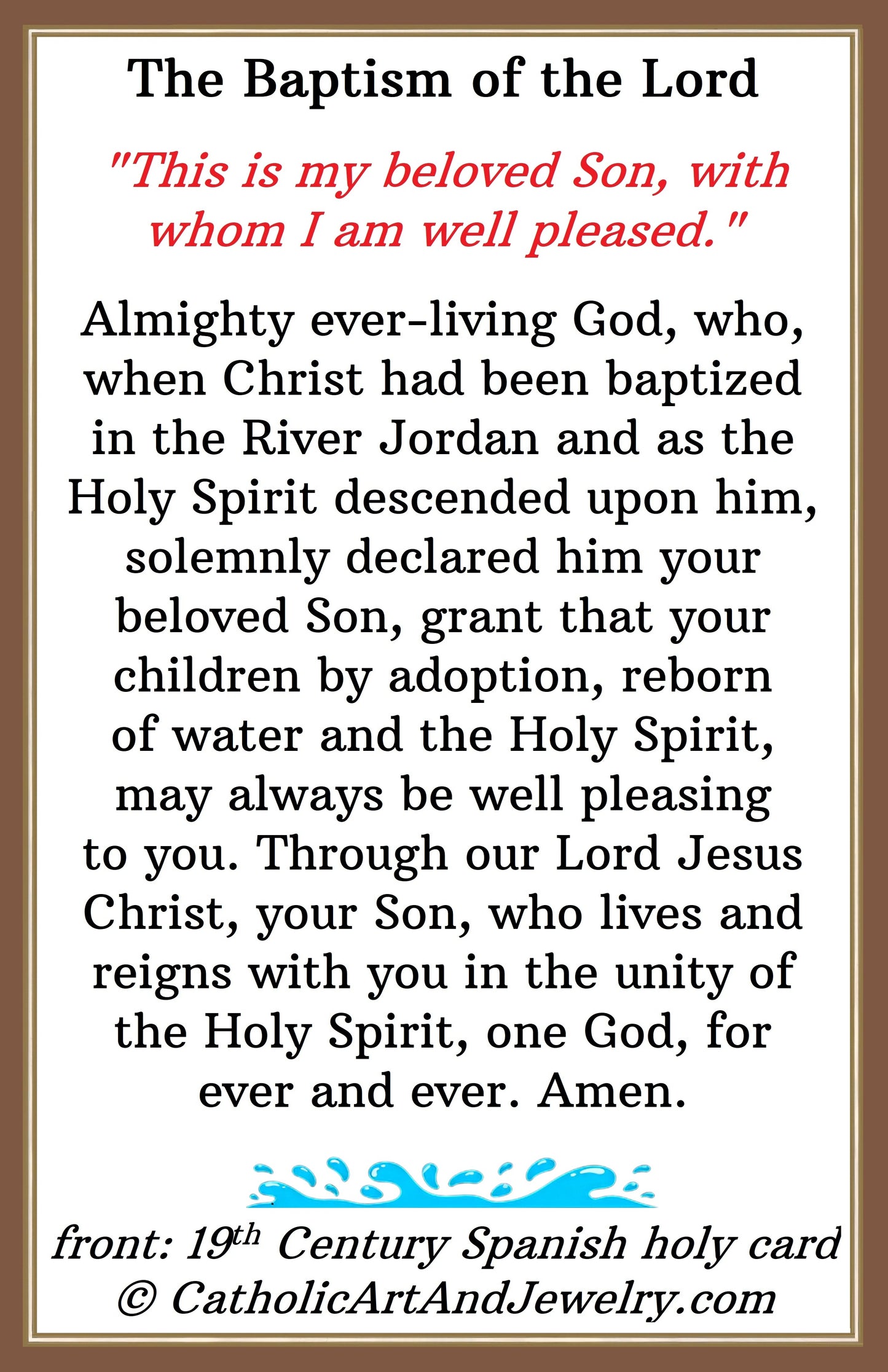 The image is a Spanish holy card from the 19th century, featuring a religious text about the Baptism of the Lord.