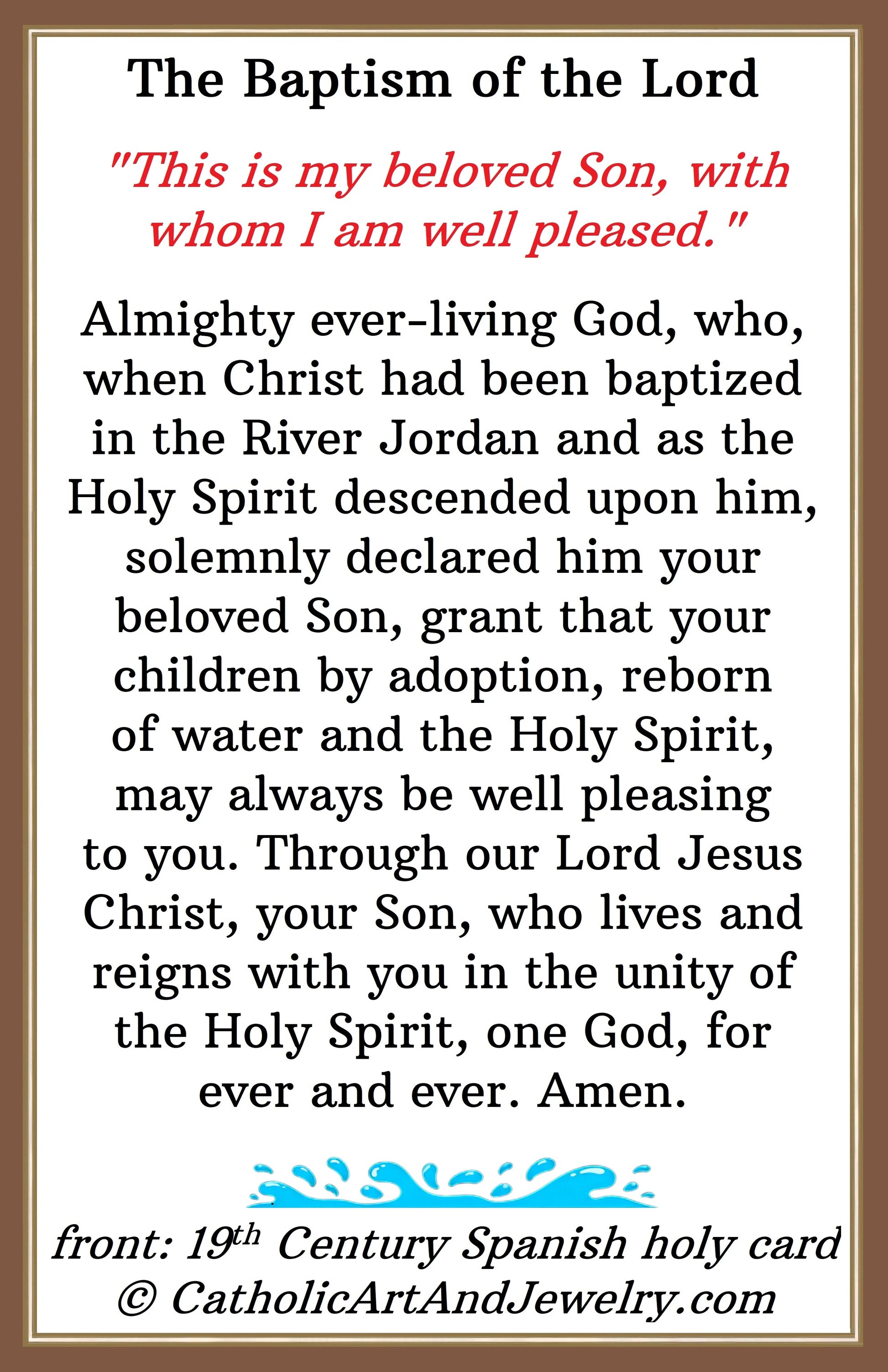 The image is a Spanish holy card from the 19th century, featuring a religious text about the Baptism of the Lord.