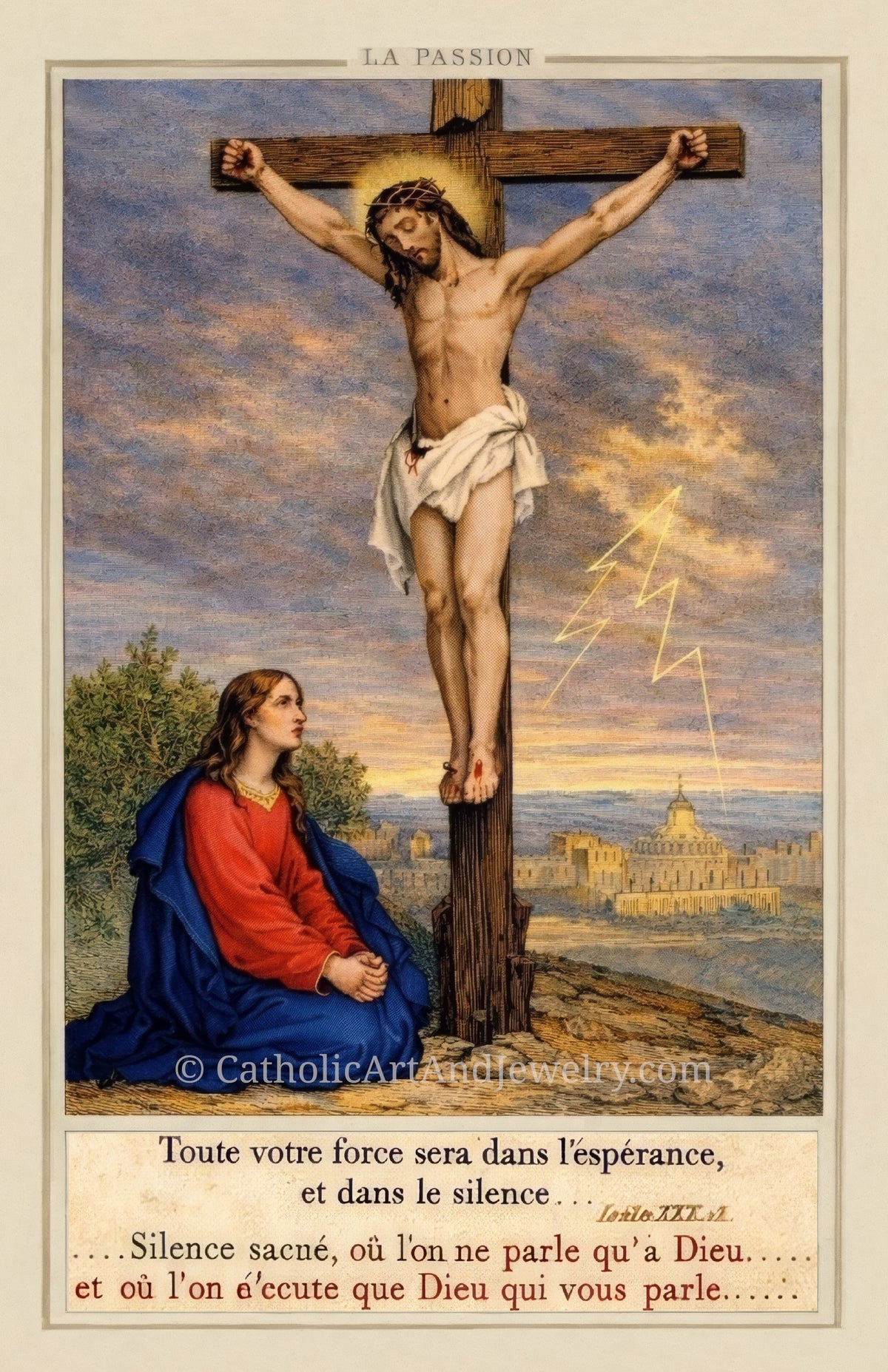 a religious scene with a man on a cross and a woman kneeling beside him, with a cityscape in the background.