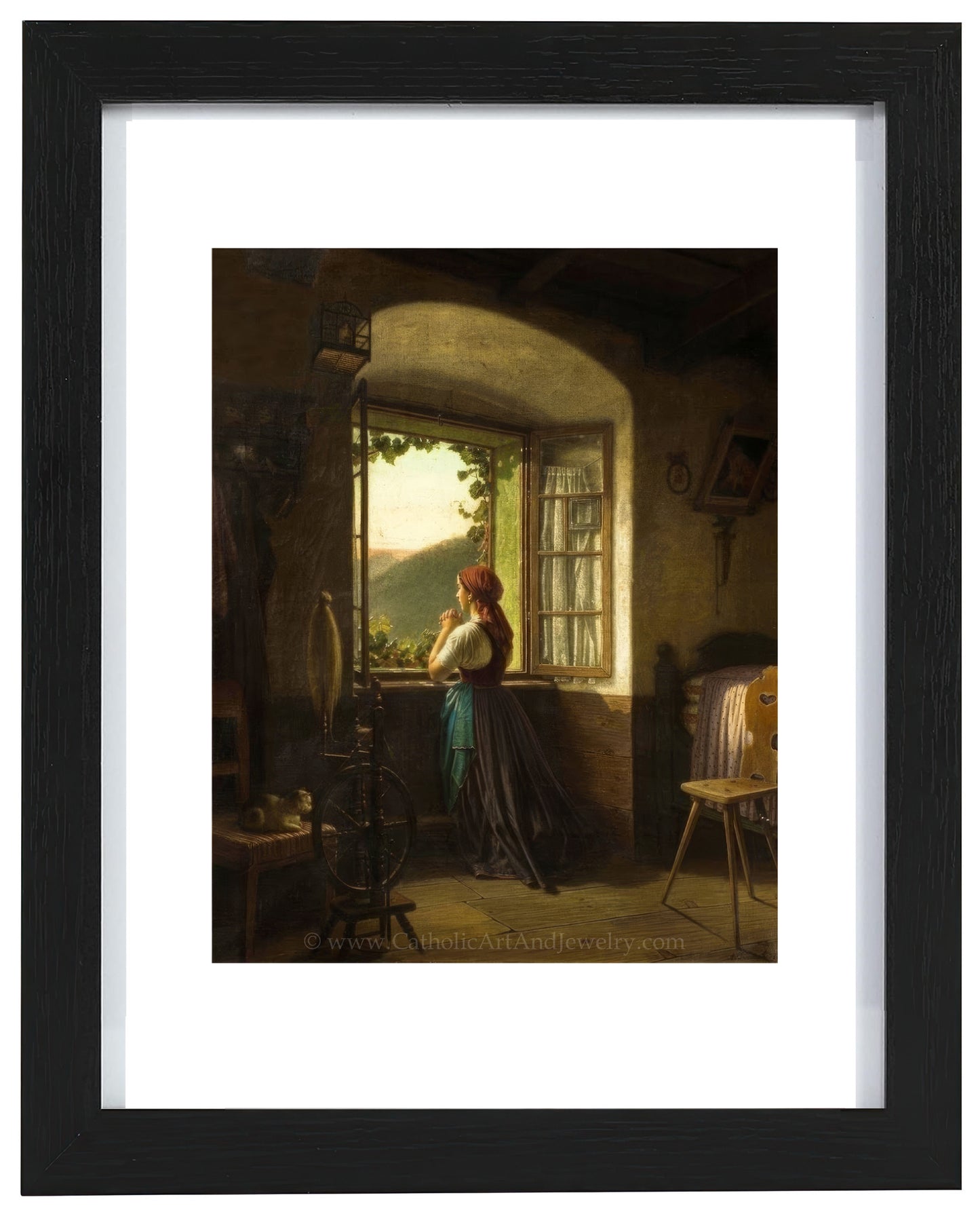 a painting of a woman looking out a window