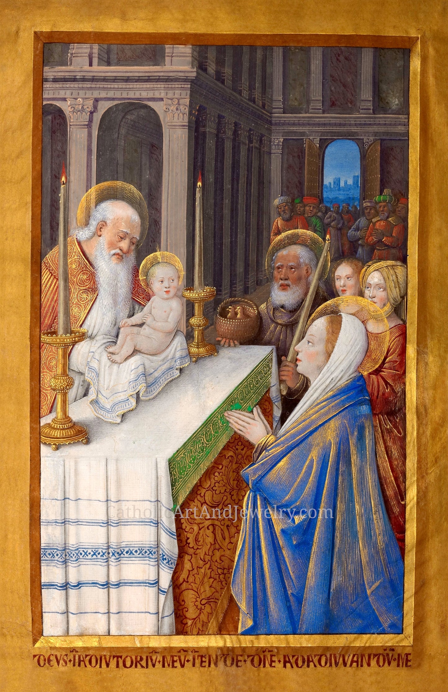 a religious scene with a baby, a man, and a woman, all dressed in robes and standing around a table. The man appears to be holding a baby, and the woman is holding a baby. The baby is placed on a table, and the man and woman are standing behind the table. The background features a large archway and a cityscape visible through the archway.
