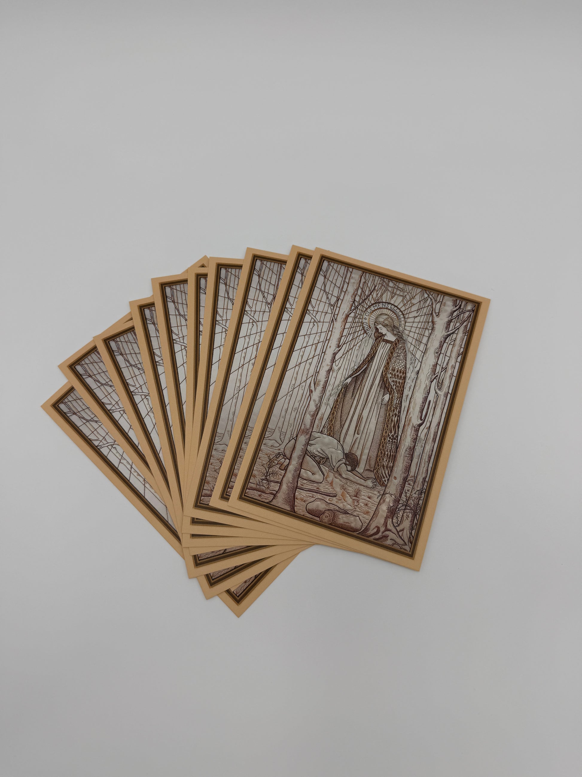 The image is a stack of nine identical cards, each featuring a detailed illustration of a religious figure.