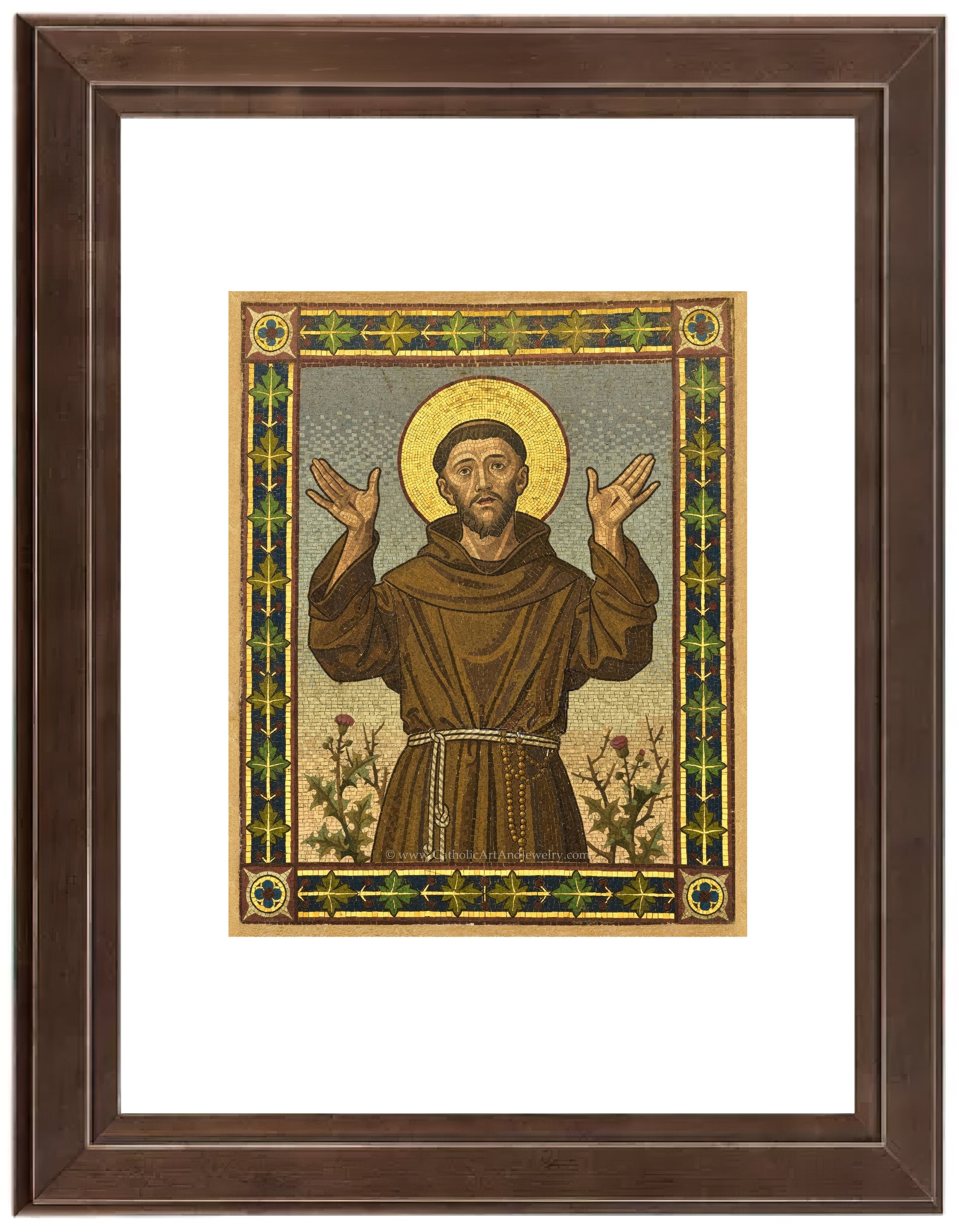 a painting of jesus holding his hands up