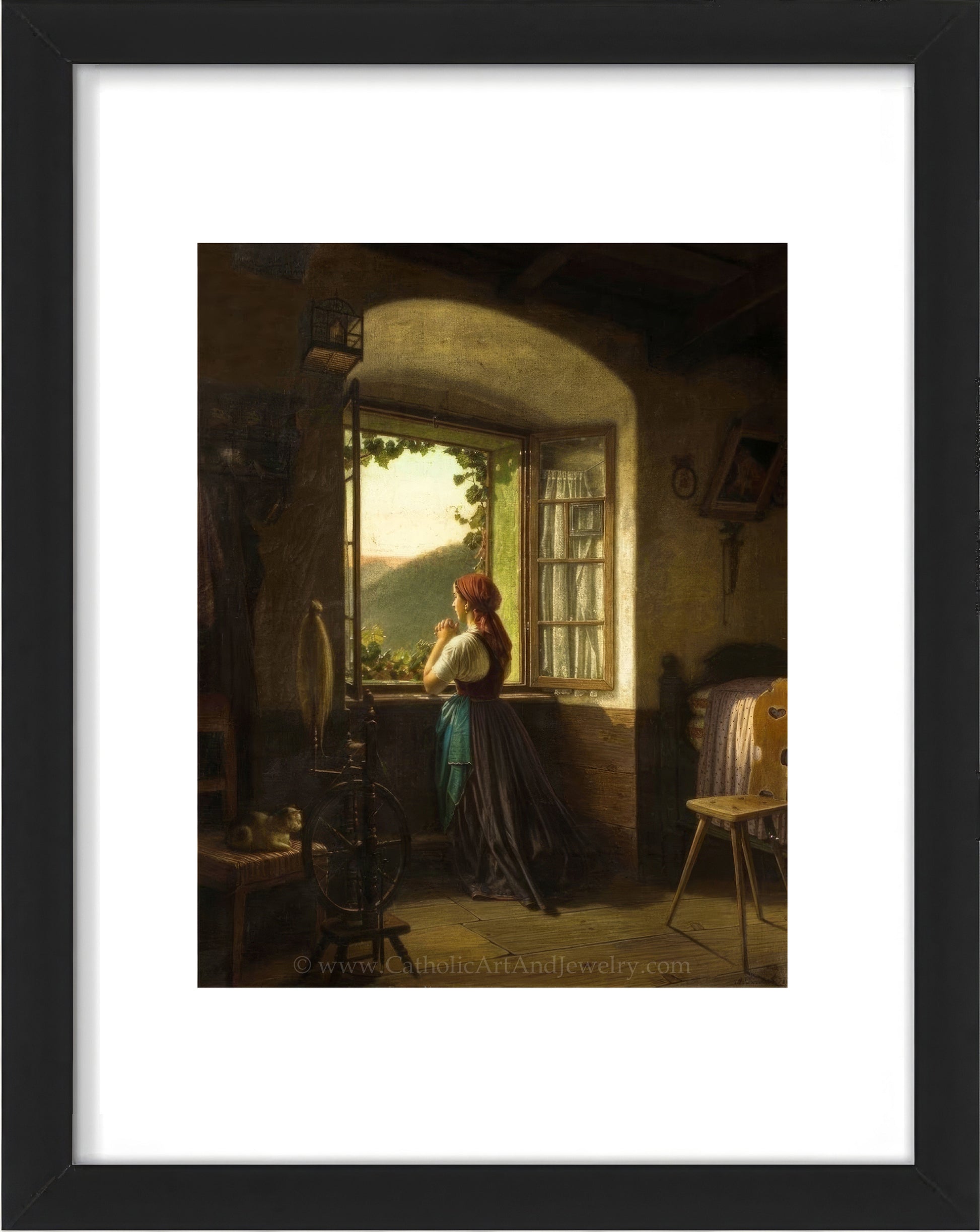 a painting of a woman looking out a window