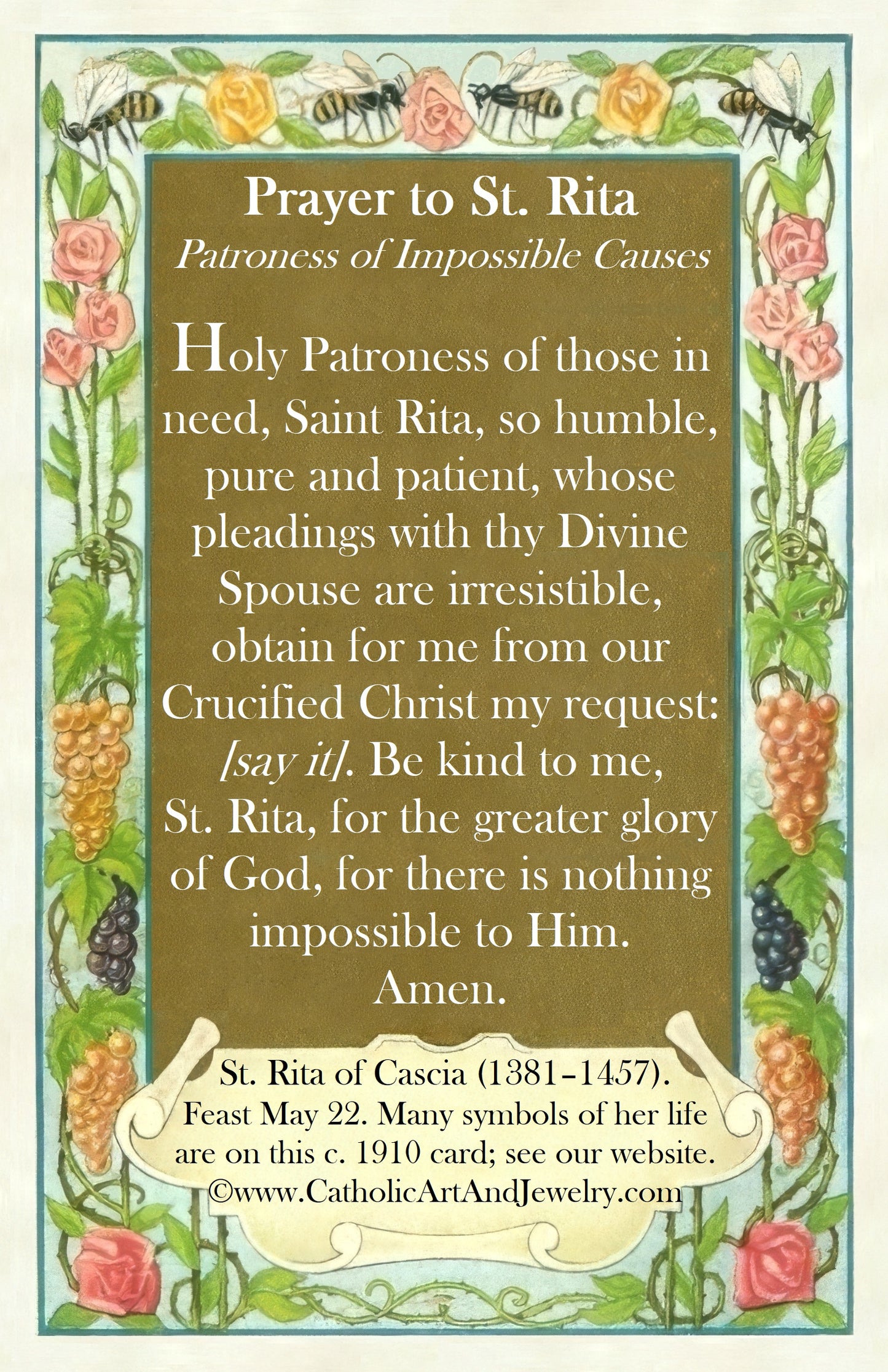 The image is a prayer card with a floral border and text.
