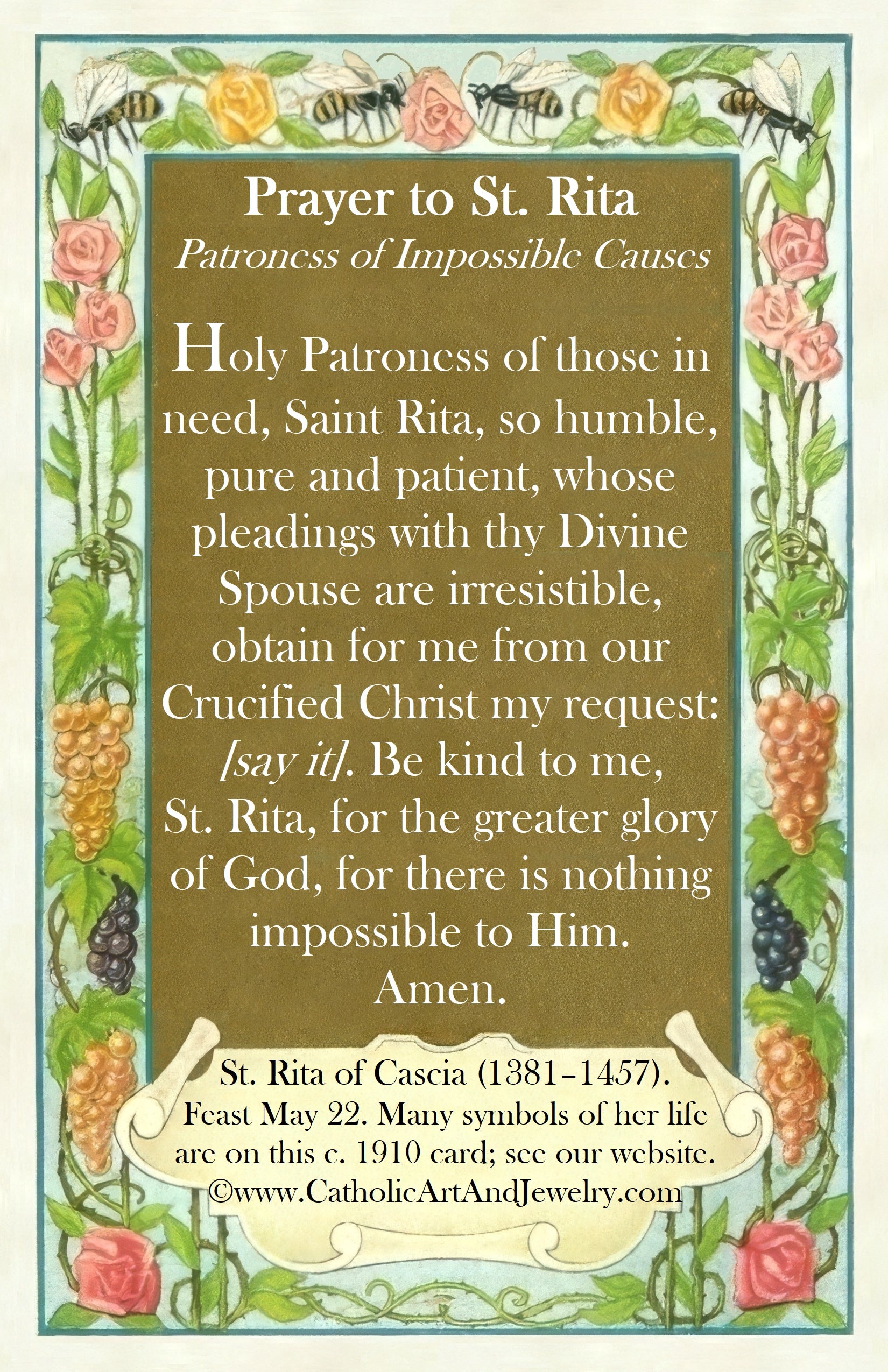 The image is a prayer card with a floral border and text.