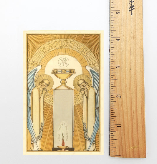 The image is a religious illustration depicting a golden chalice surrounded by angels, with the text "S.S. SANTUS" prominently displayed.