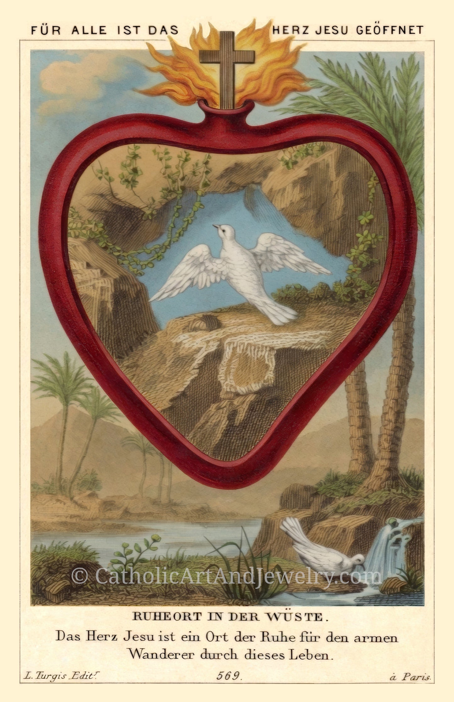 The image is a religious illustration featuring a heart-shaped frame with a white dove inside, surrounded by a desert landscape with palm trees and a cross at the top.