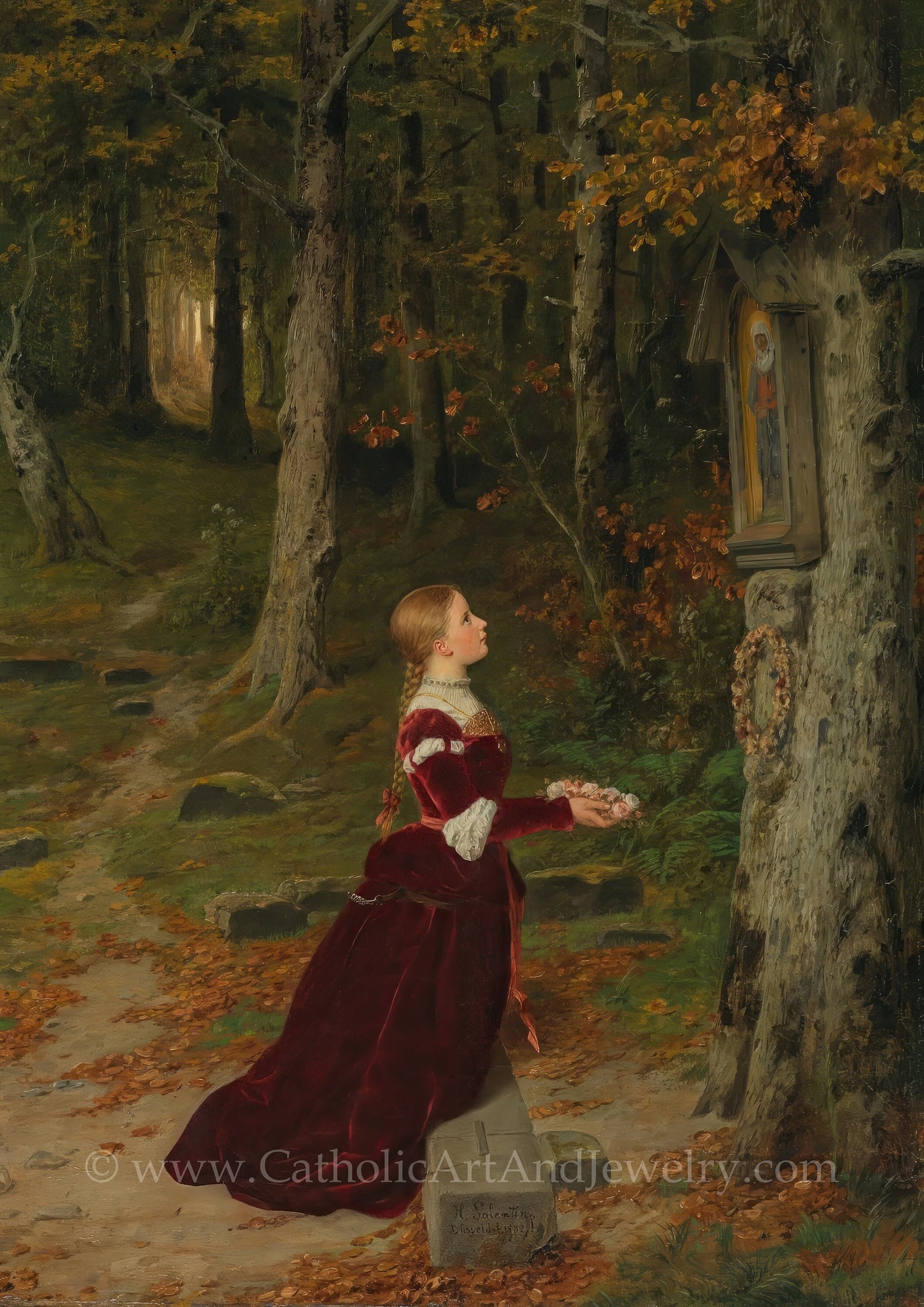 New! Girl Praying with a Rose Garland – Hubert Salentin – Catholic Art – Catholic Gift – Archival Quality
