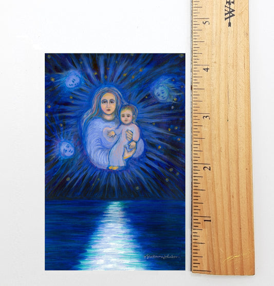 The image is a painting depicting a woman holding a child, surrounded by a blue background with stars and a body of water.