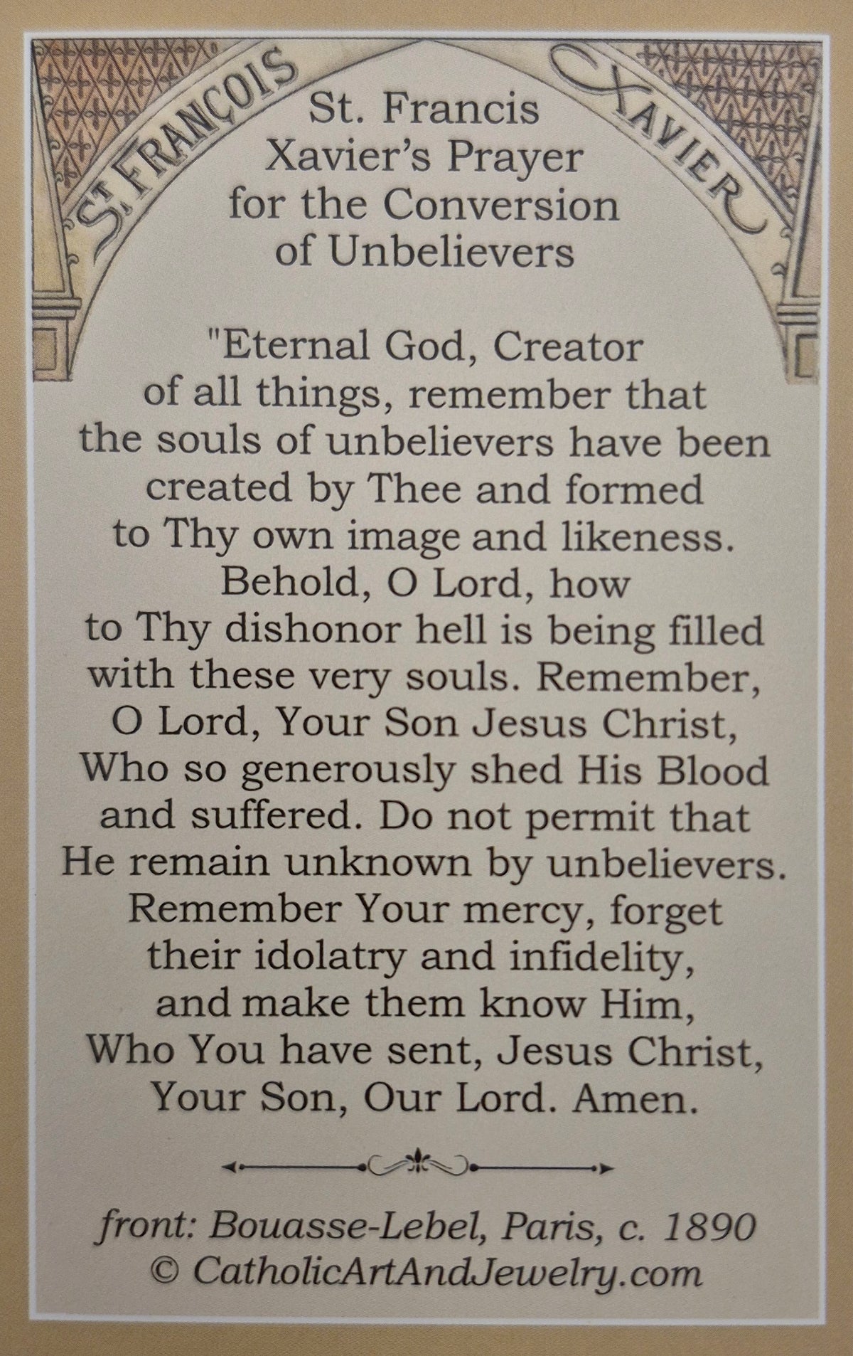 The image is a printed page from a book or card with text and an illustration. The text is in French and appears to be a prayer or religious message. The illustration is ornate and decorative, featuring a pattern or design. The page is from a book or card with the title "St. Francis Xavier's Prayer for the Conversion of Unbelievers" and the author's name "St. Francis Xavier".