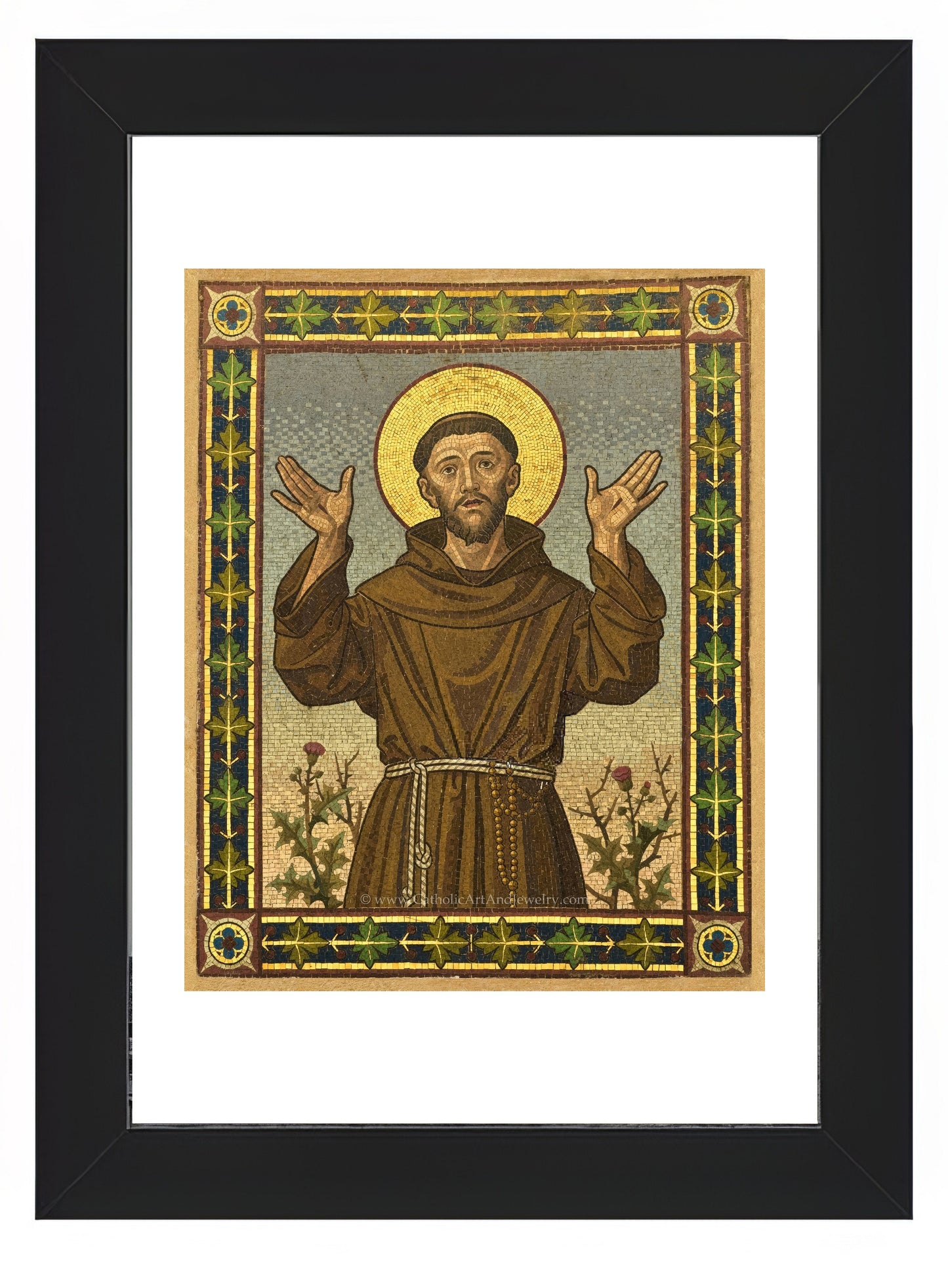a painting of jesus holding his hands up
