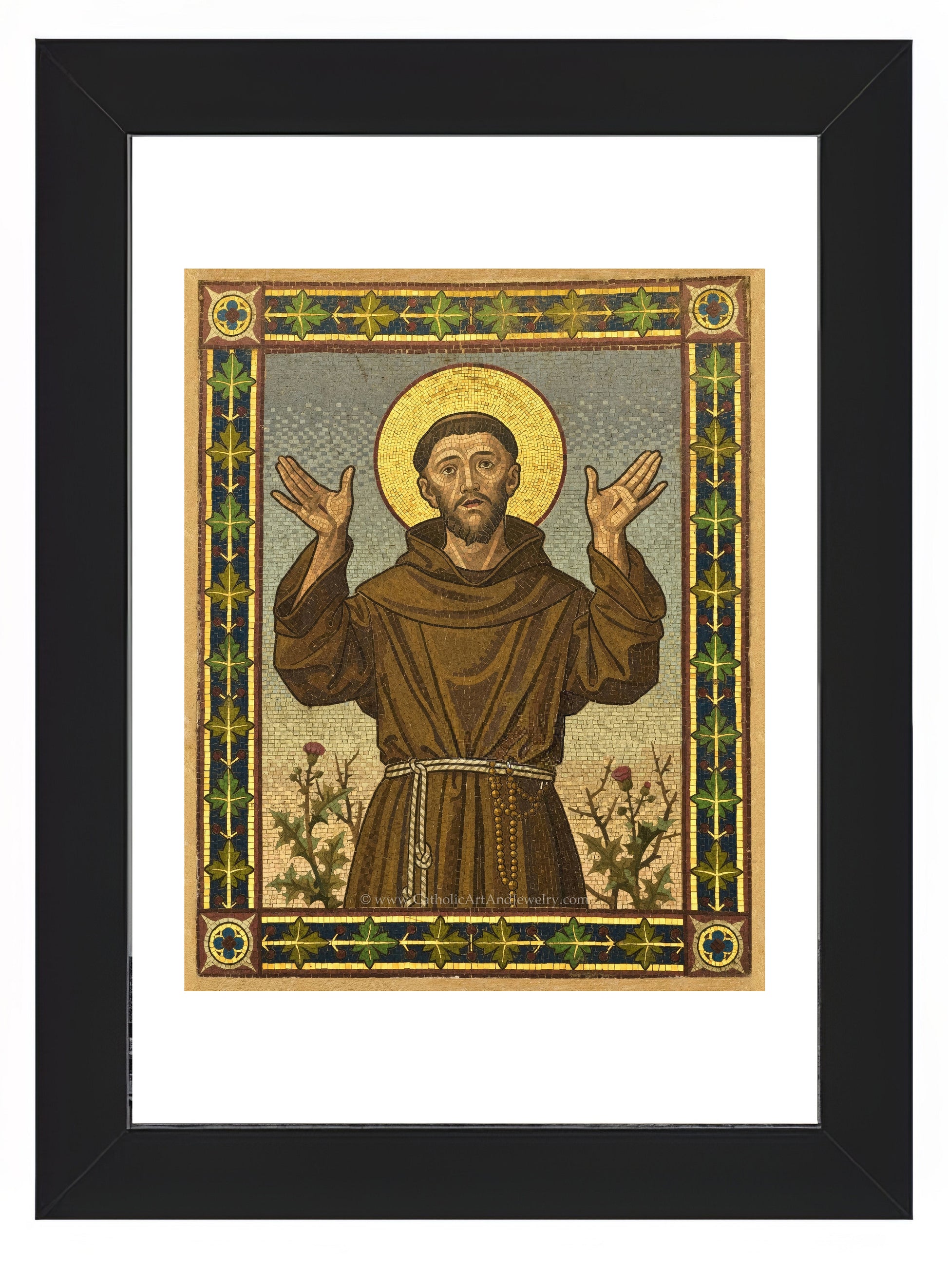 a painting of jesus holding his hands up