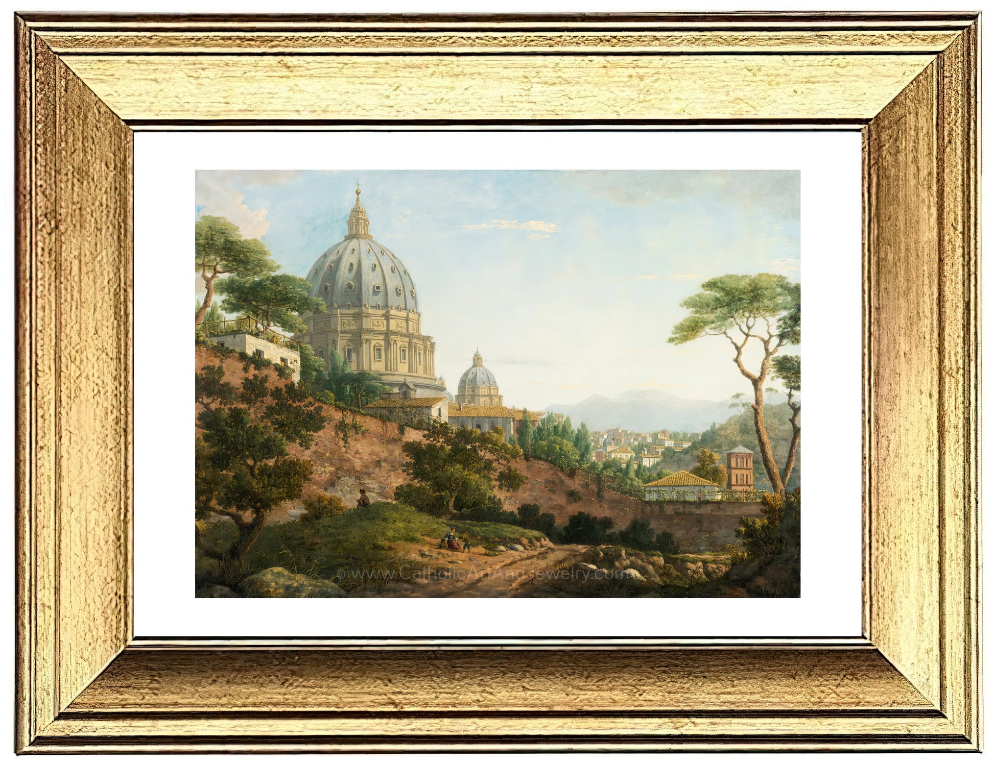 a painting of a church on a hill