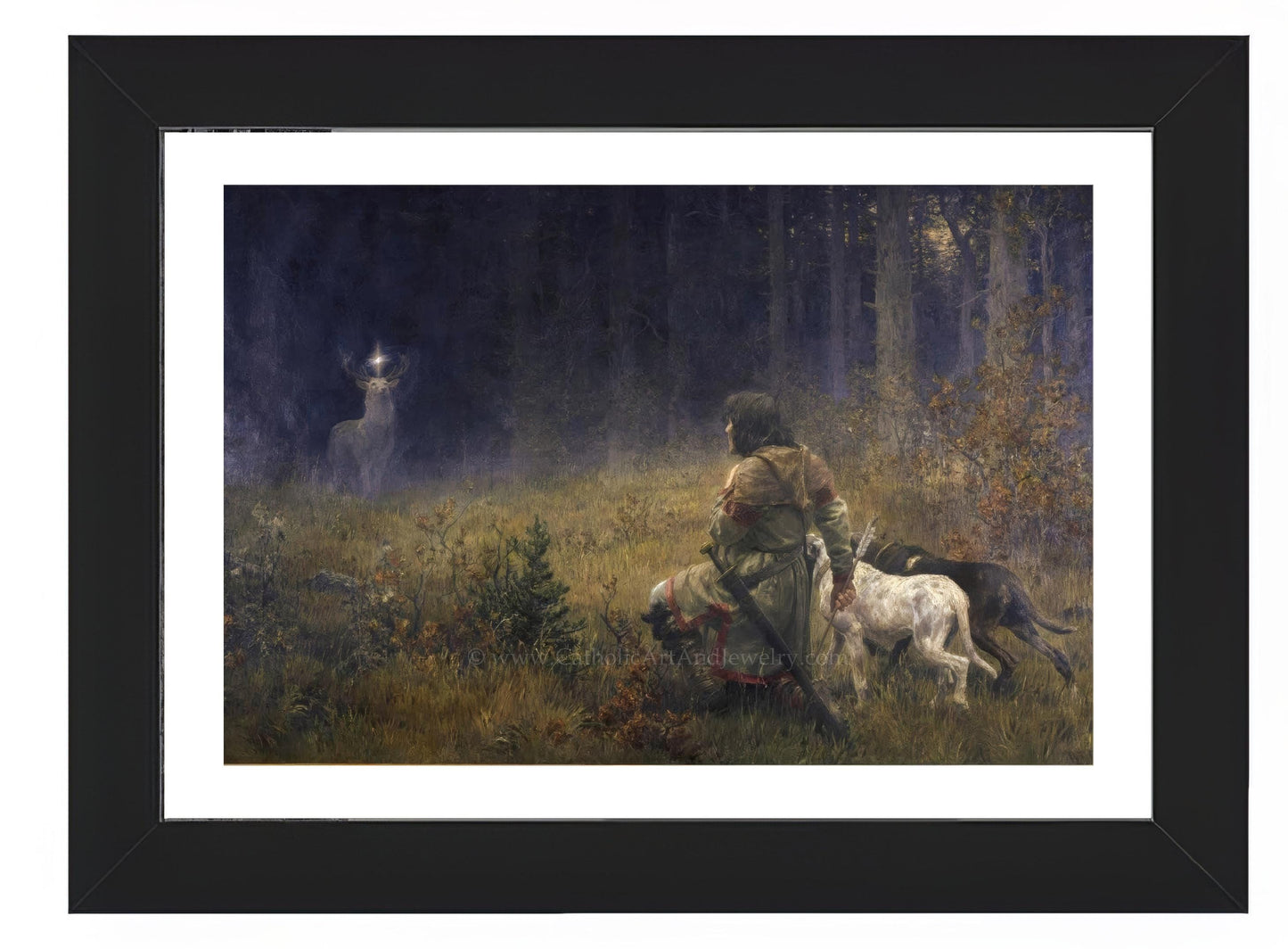 a painting of a man and a dog in a forest