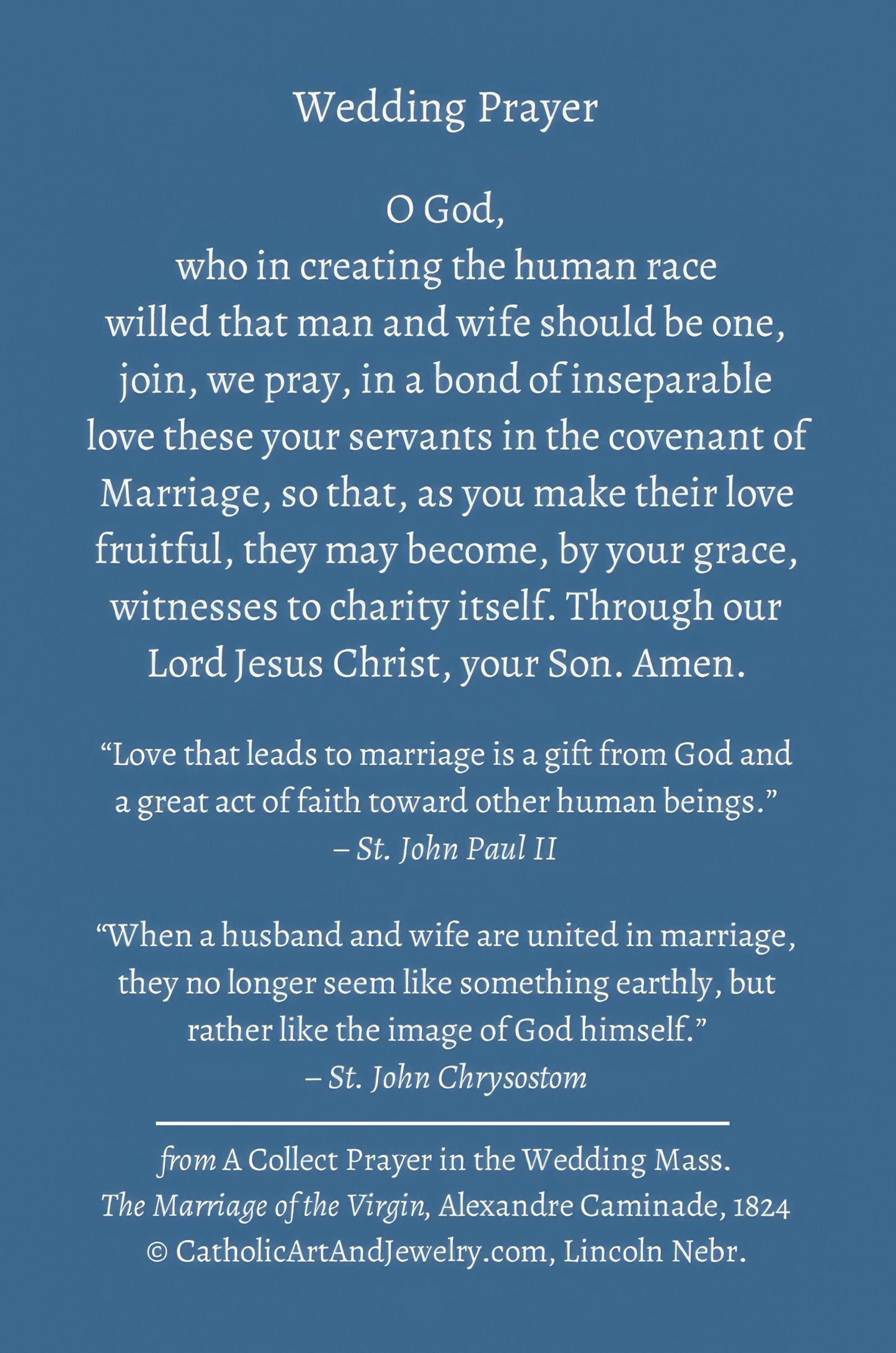New! Wedding Holy Card – Alexandre-François Caminade – pack of 10/100/1000  – Prayer from the Catholic Wedding Mass