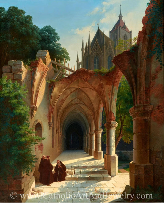 New! Three Friars in the Ruins of a Cloister – Anonymous German Master – Catholic Art – Archival Quality