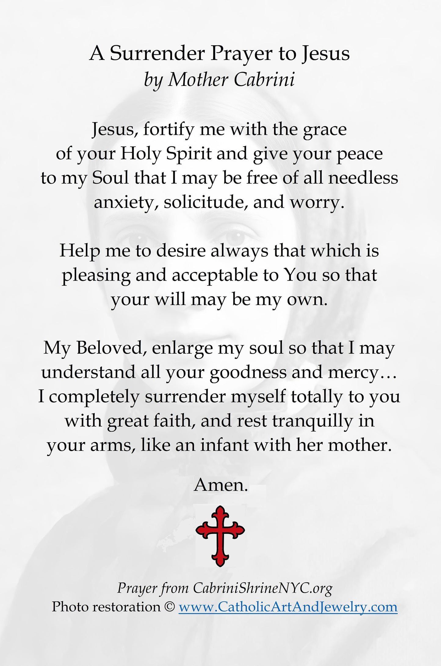 Mother Cabrini Surrender Prayer Card – Restored Vintage Photograph– pack of 10/100/1000