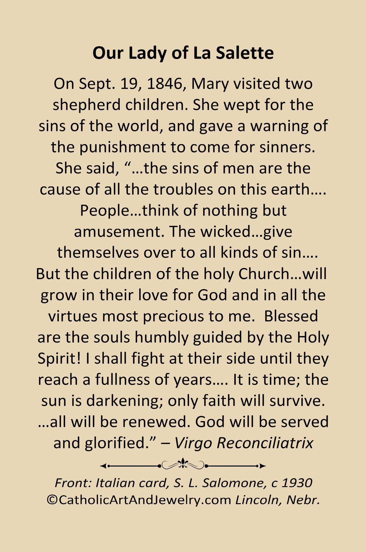 New! Our Lady of La Salette – with Her Words on World Sin – pack of 10/100/1000–Restored Card