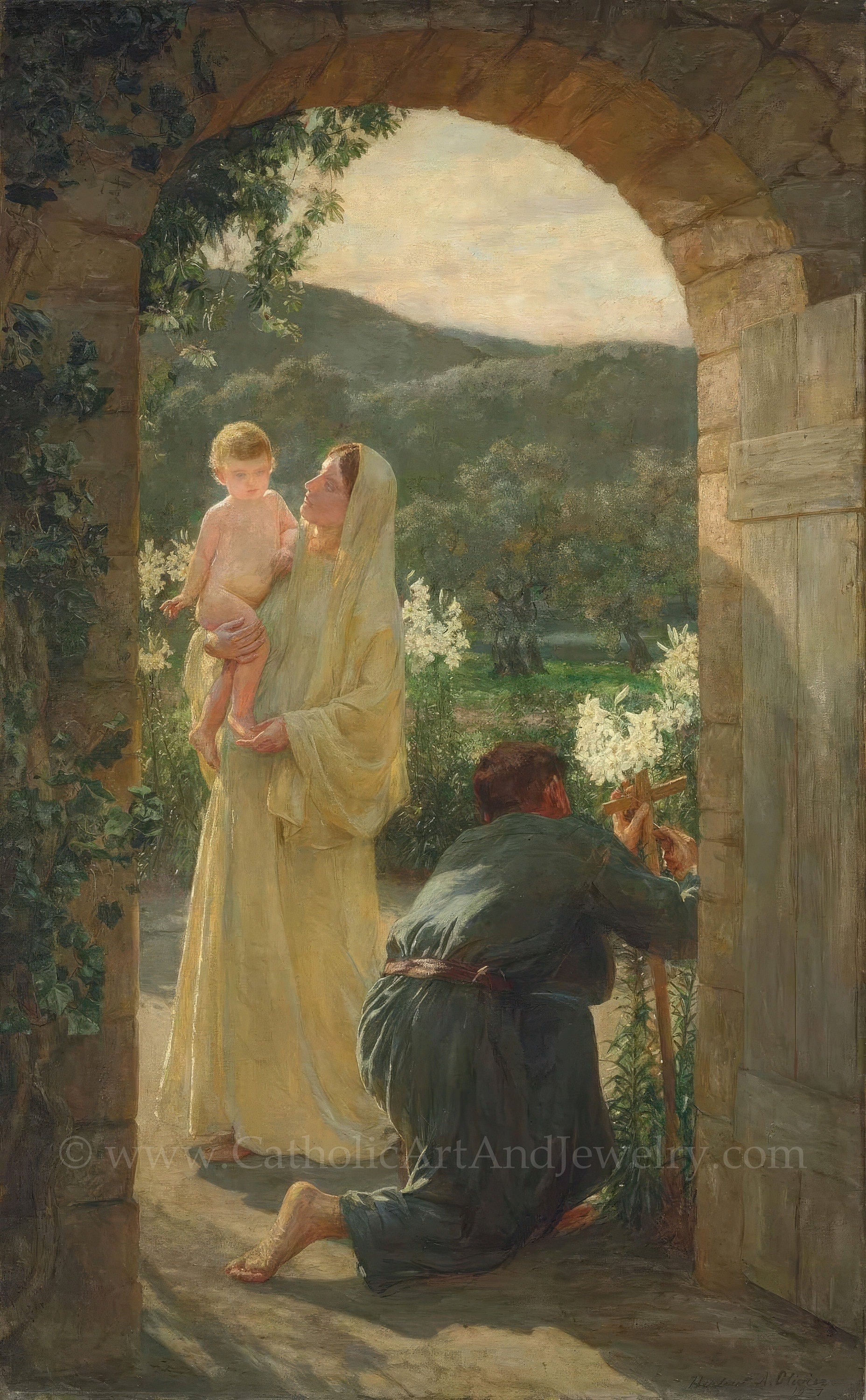 a woman holding a baby, with a man kneeling in front of a doorway and a garden with white flowers in the background.