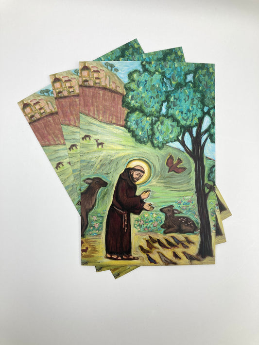 The image is a collage of several paintings, depicting a man in a brown robe and hat, surrounded by a lush green landscape with trees and a winding path.