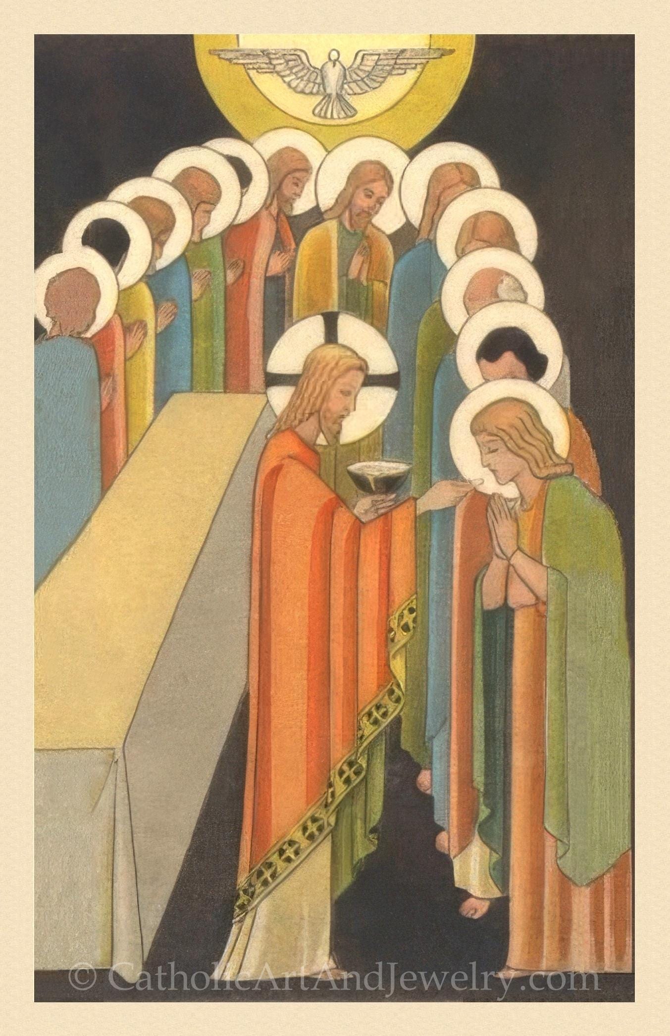 New! The Last Supper Art Deco Holy Card – Spiritual Communion Prayer – pack of 10/100/1000  – Easter Holy Card