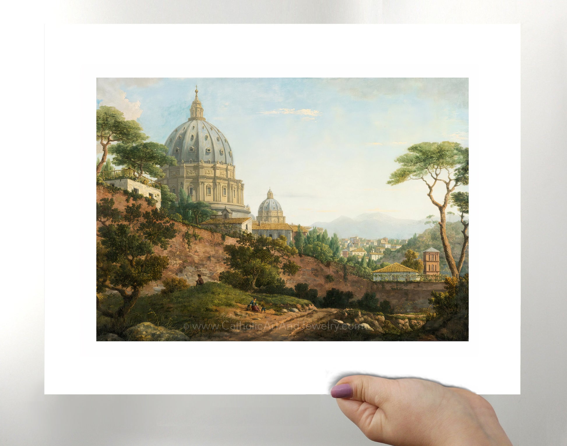 a painting of a church on a hill