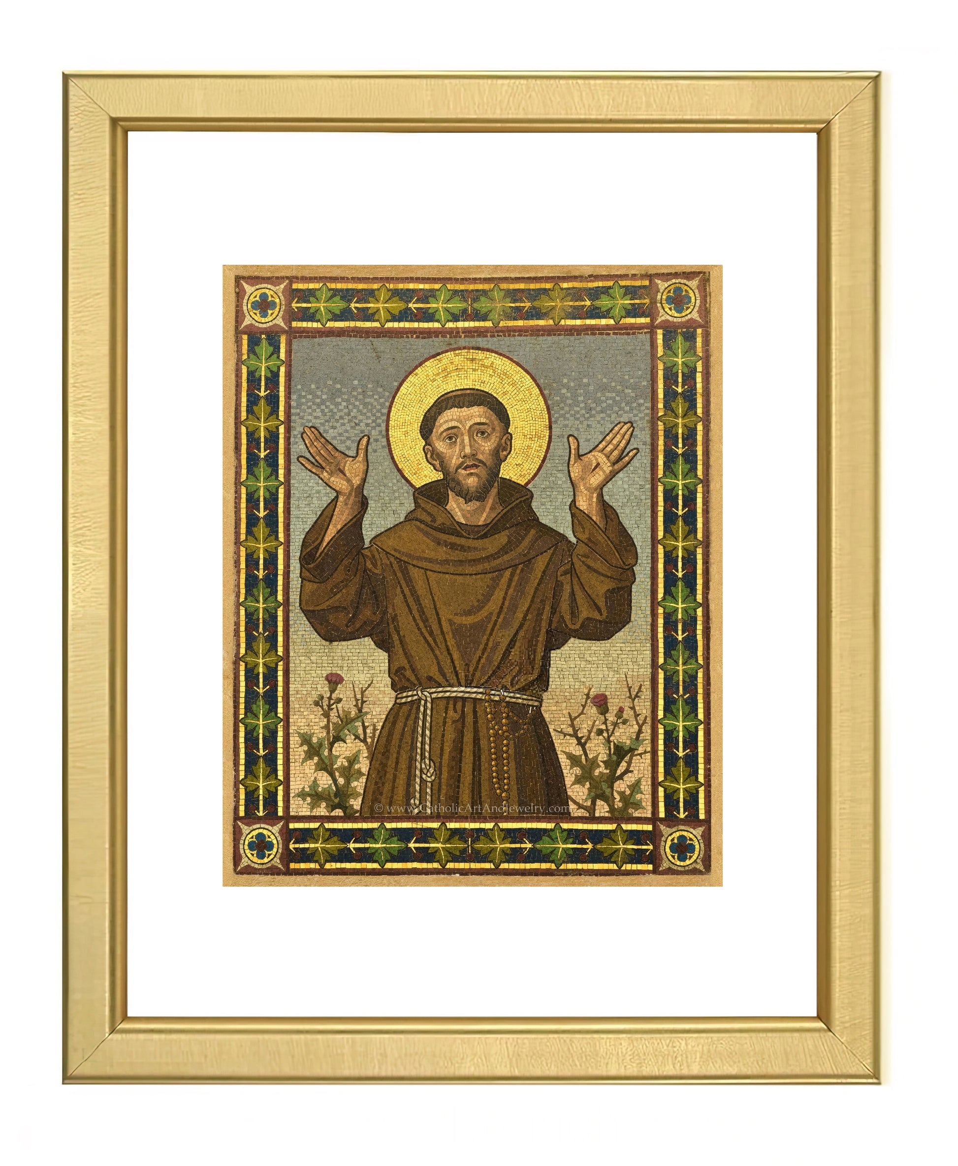 a painting of jesus holding his hands up