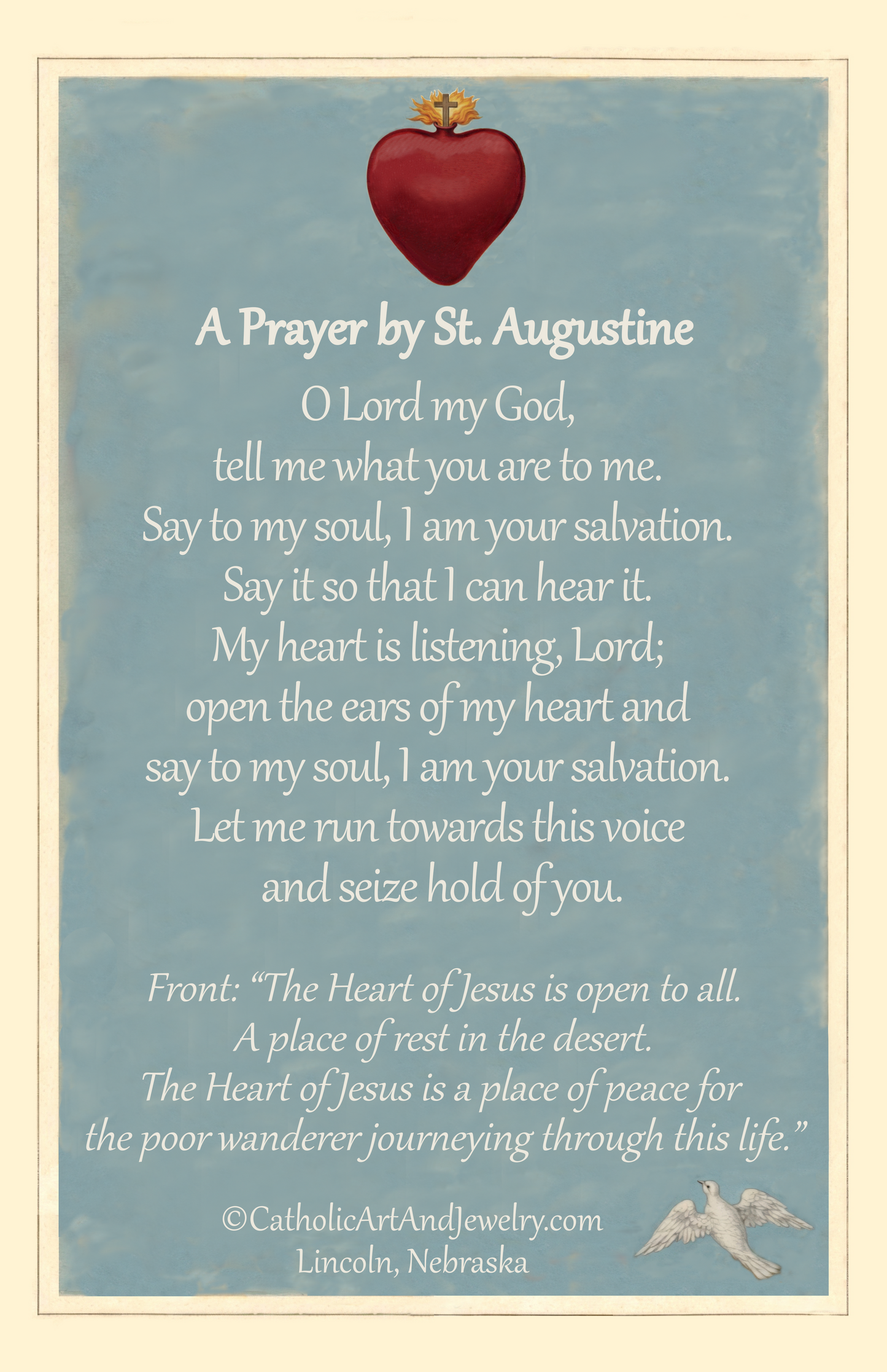 The image is a poster with a blue background and a red heart at the top. The poster contains a prayer written in white text.