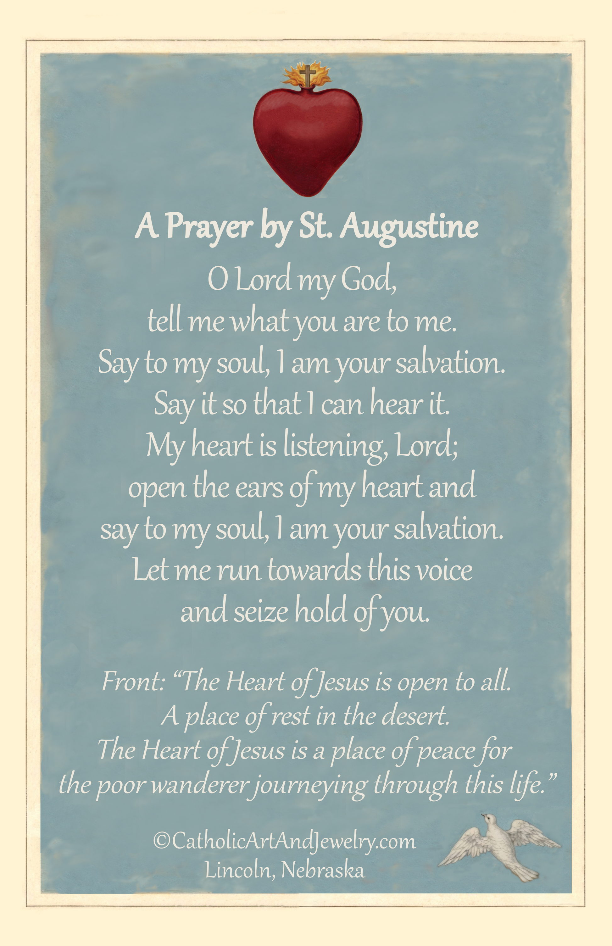 The image is a poster with a blue background and a red heart at the top. The poster contains a prayer written in white text.