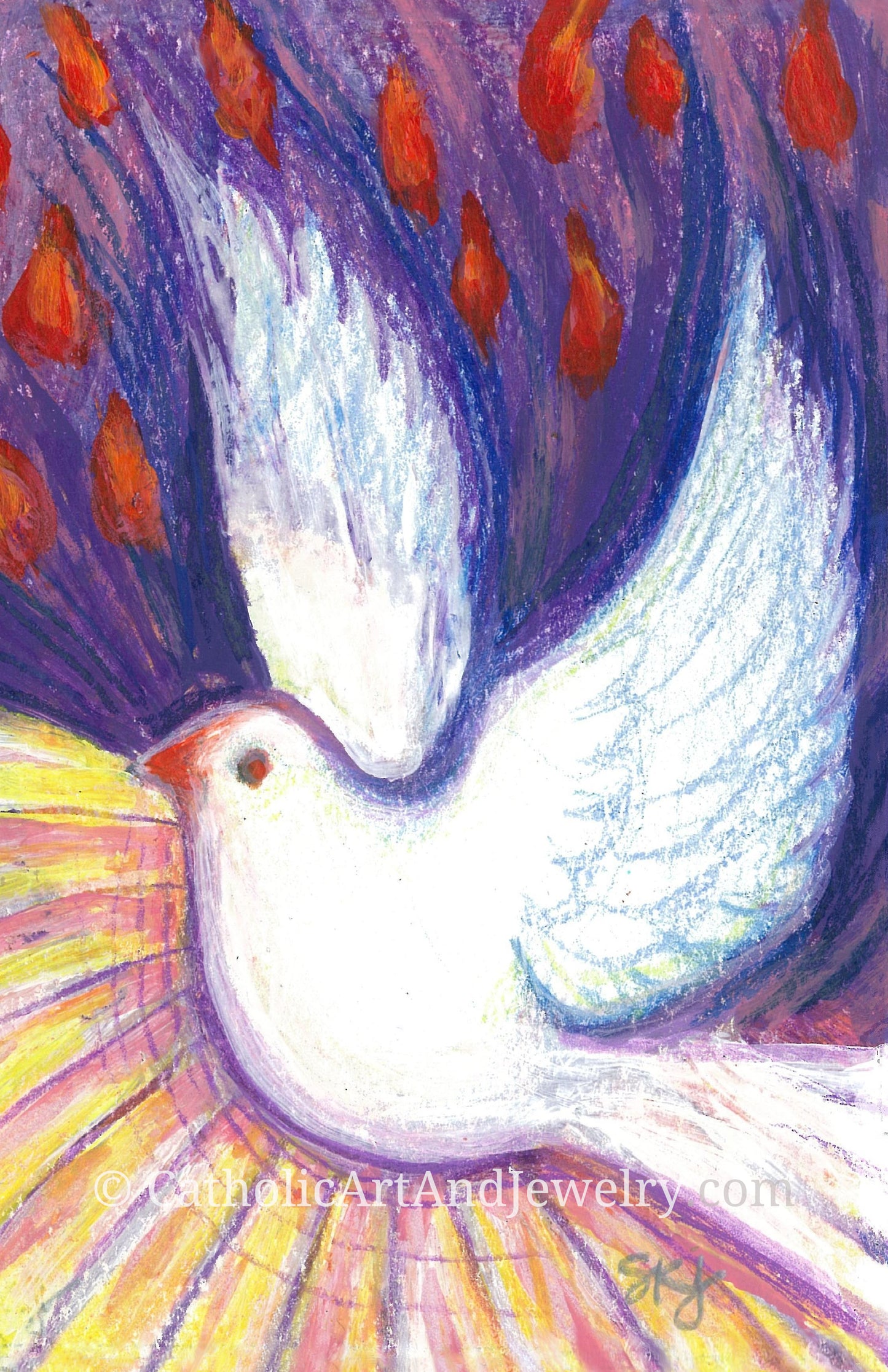 The image is a vibrant, abstract painting featuring a large white dove in flight, surrounded by a colorful array of red and orange shapes.