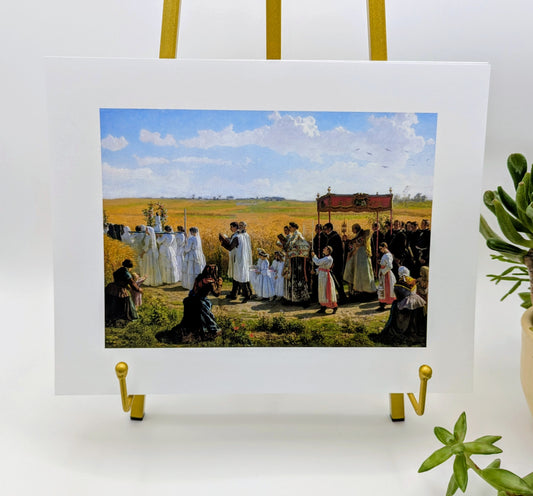 a group of people dressed in white robes and standing in a field, with some individuals holding banners or flags.