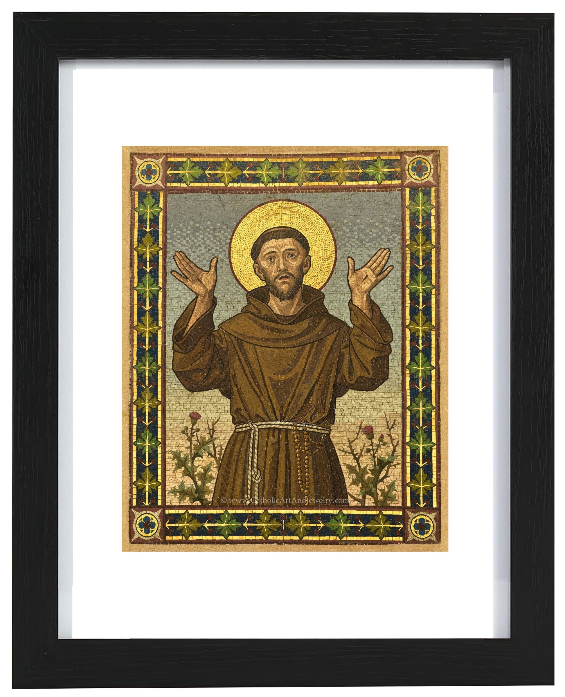 a painting of jesus holding his hands up