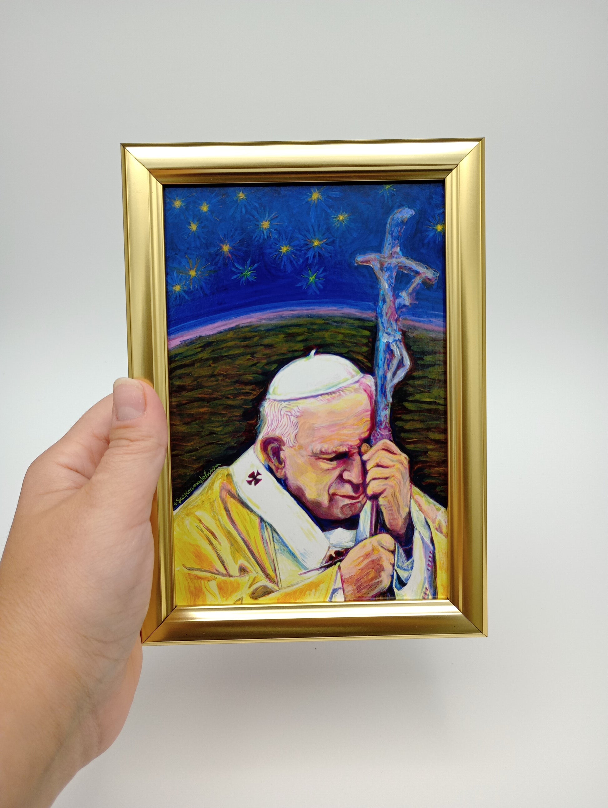 a painting of a person holding a picture of a man