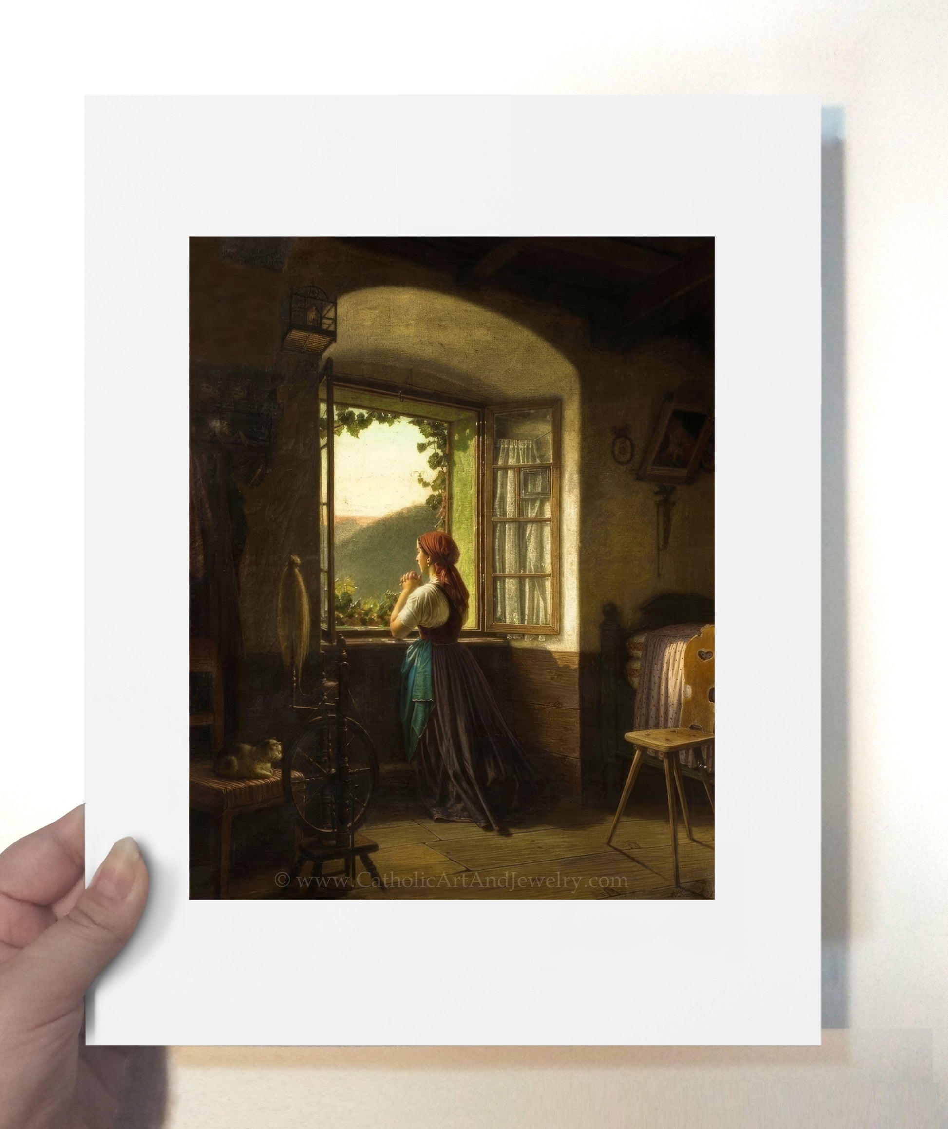 a painting of a woman looking out a window