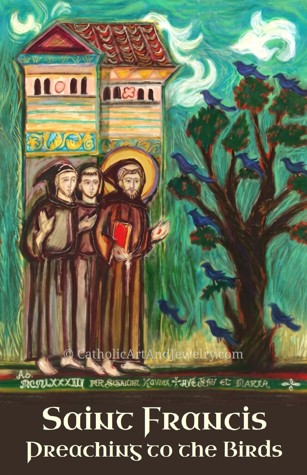 three monks in brown robes standing in front of a colorful, ornate building with a red roof, surrounded by a lush green landscape with trees and birds.