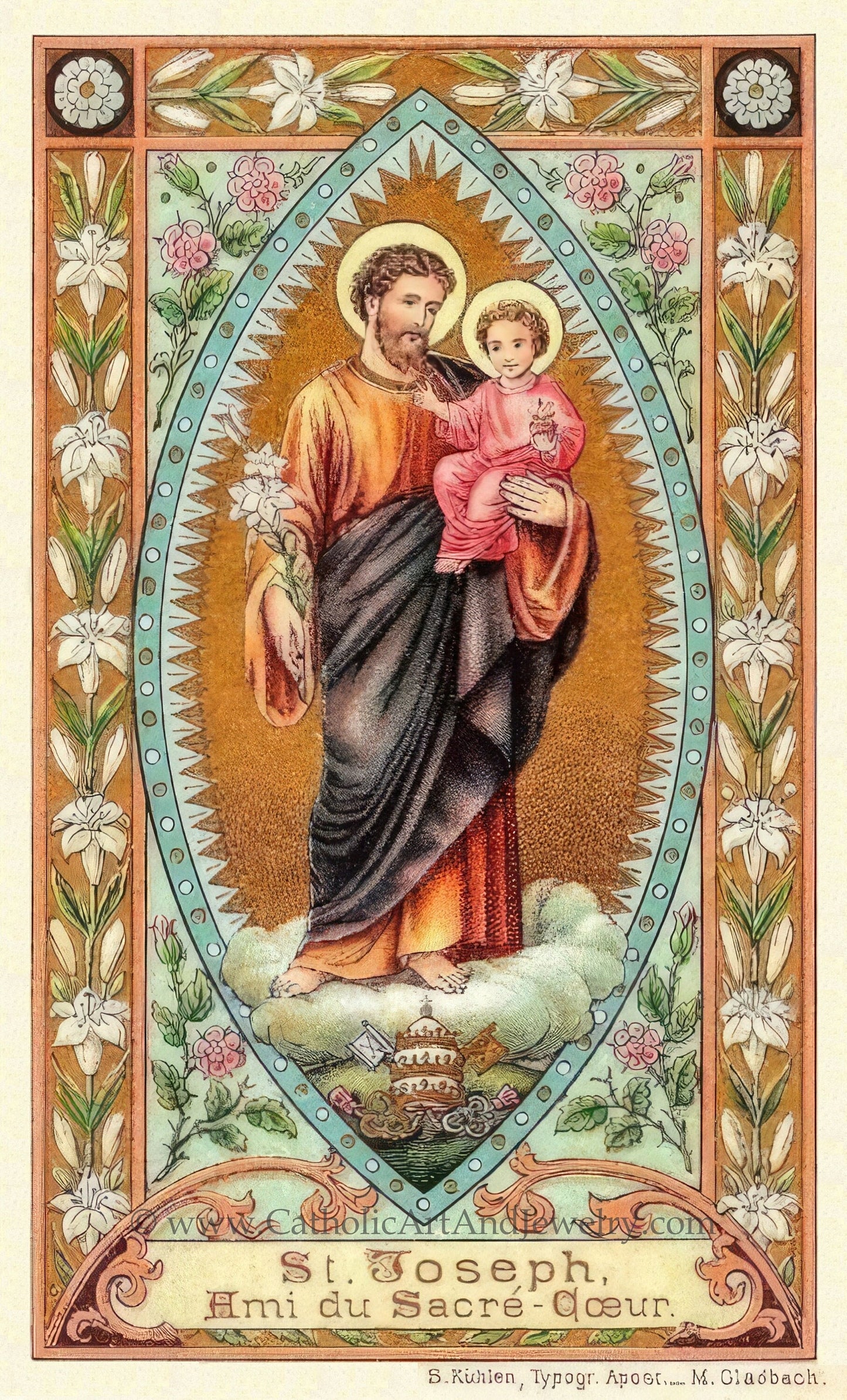 New! St. Joseph, Love of the Sacred Heart – based on a Vintage Holy Card – Catholic Art Print – Archival Quality